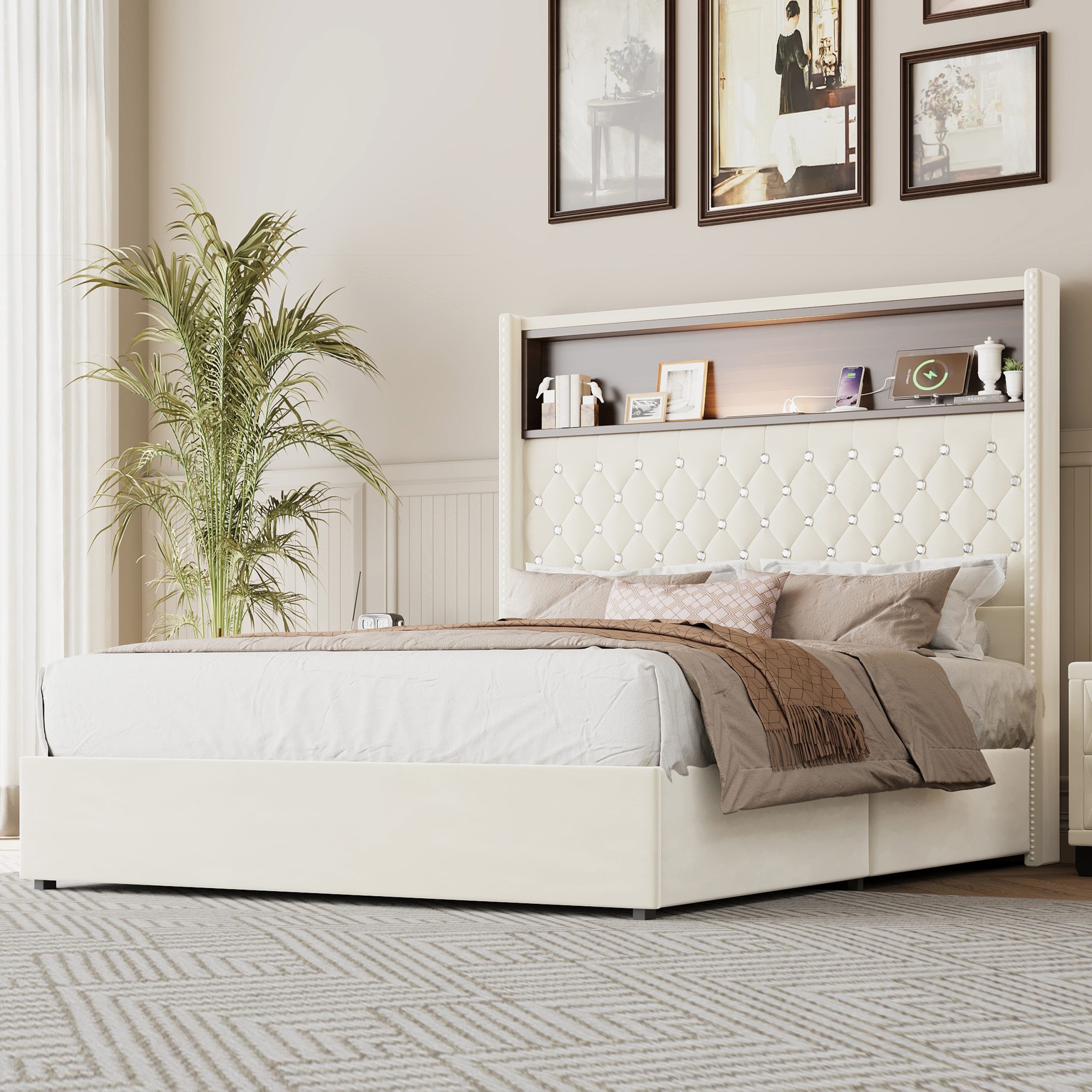 Full Size Velvet Tufted Soft Bed Frame with USB Port and Night Light,52''High Headboard with Rivet Decoration,Wing-back Platform Bed with Headboard Shelf,Beige - Image 1