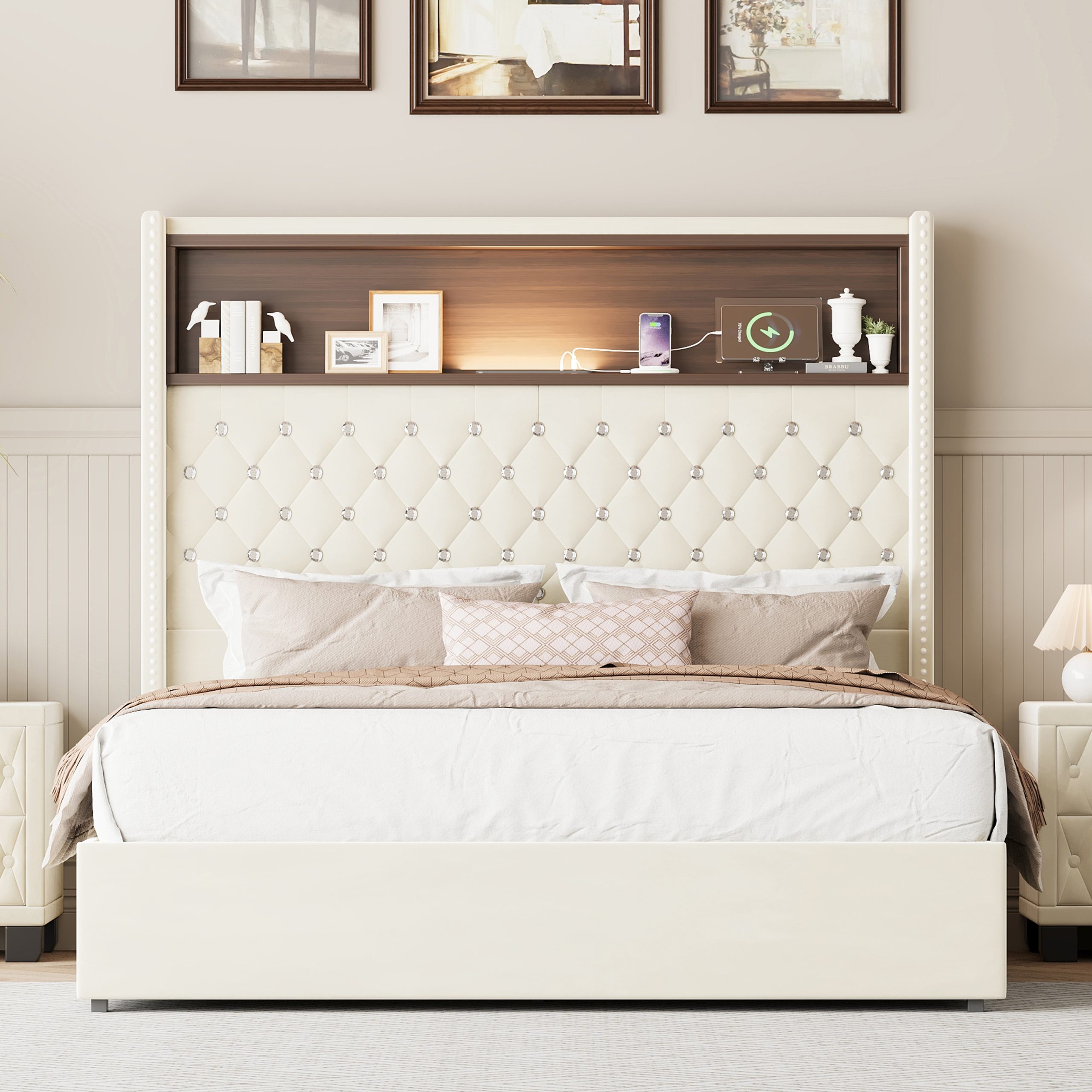 Full Size Velvet Tufted Soft Bed Frame with USB Port and Night Light,52''High Headboard with Rivet Decoration,Wing-back Platform Bed with Headboard Shelf,Beige - Image 2