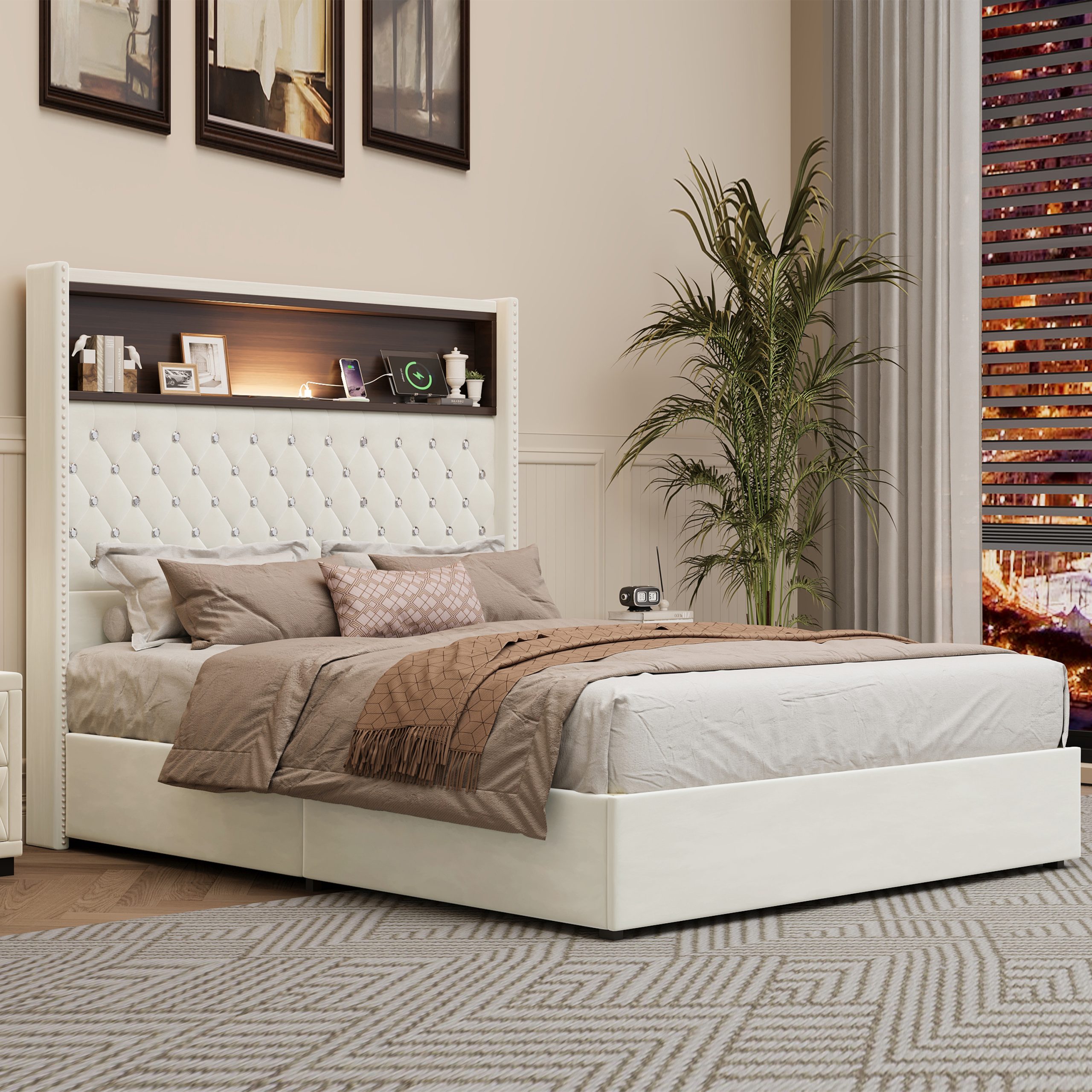 Full Size Velvet Tufted Soft Bed Frame with USB Port and Night Light,52''High Headboard with Rivet Decoration,Wing-back Platform Bed with Headboard Shelf,Beige - Image 3
