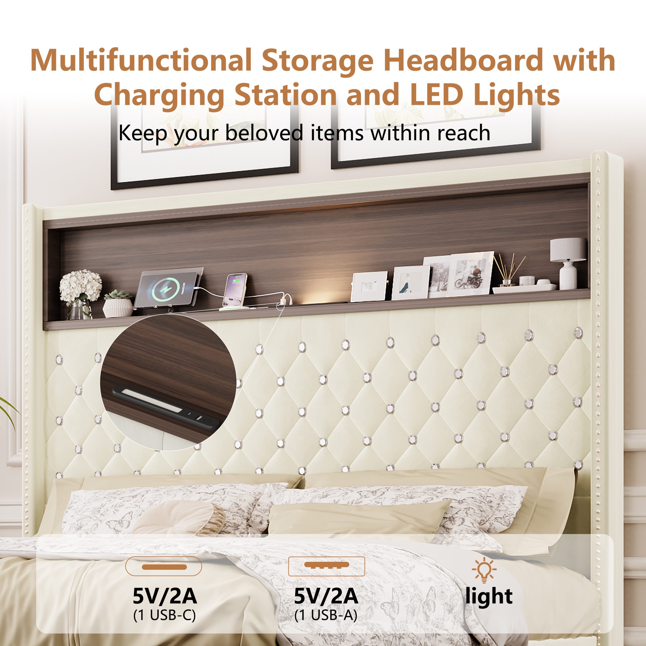 Full Size Velvet Tufted Soft Bed Frame with USB Port and Night Light,52''High Headboard with Rivet Decoration,Wing-back Platform Bed with Headboard Shelf,Beige - Image 4