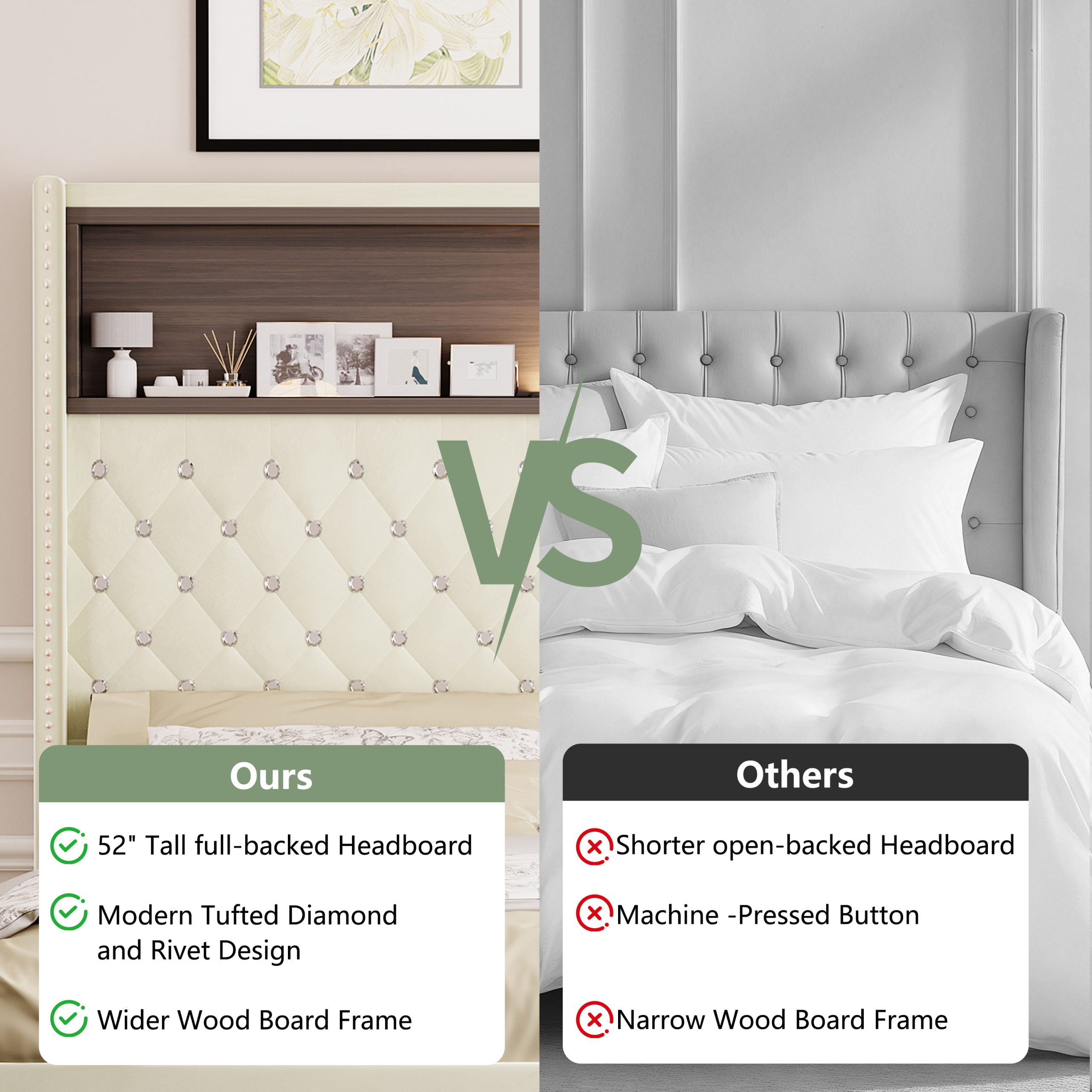 Full Size Velvet Tufted Soft Bed Frame with USB Port and Night Light,52''High Headboard with Rivet Decoration,Wing-back Platform Bed with Headboard Shelf,Beige - Image 5