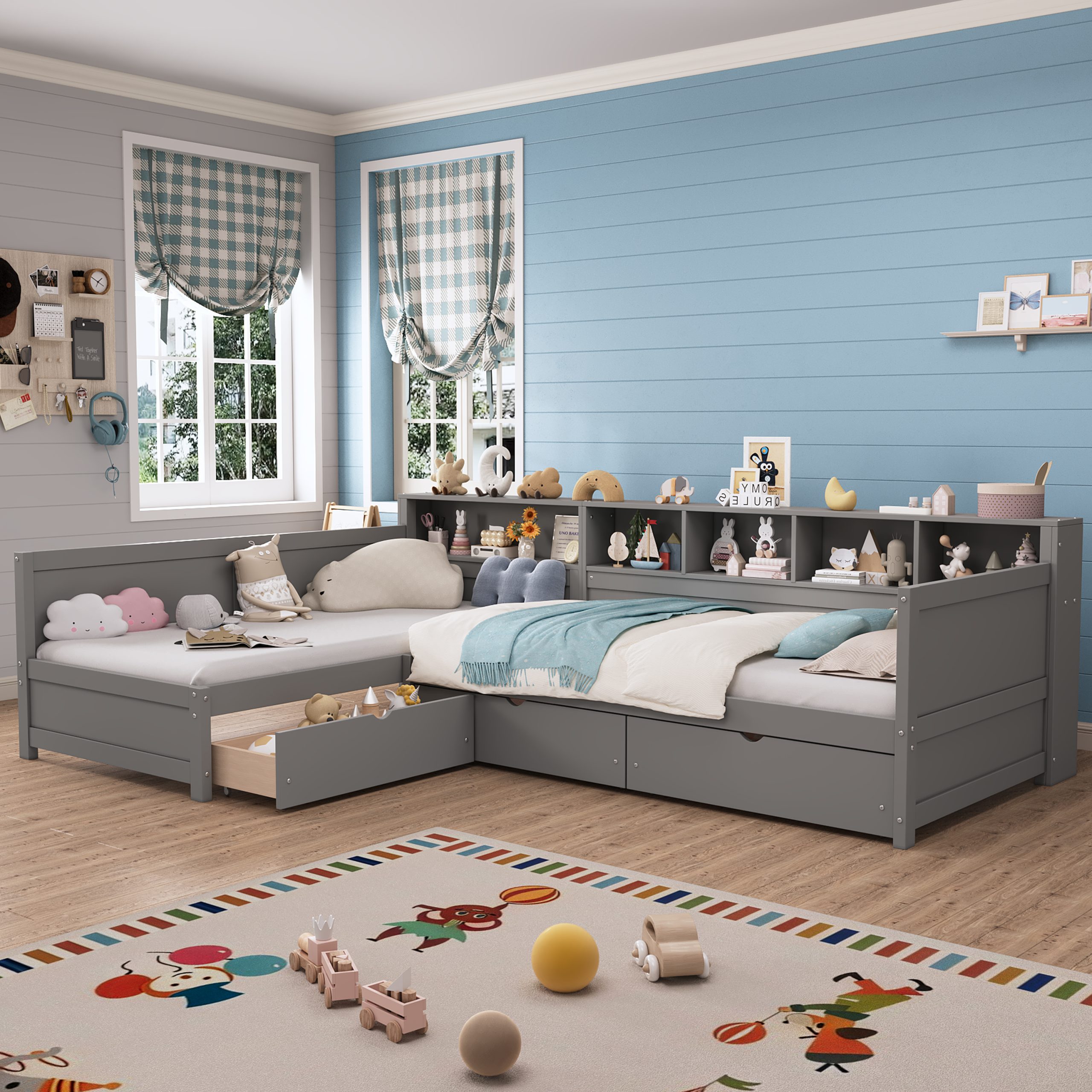 Twin Size Day Bed for 2, L- Shape Twin Size Bed Frame with Storage 3 Drawers, Wooden Corner Bed with Bookshelf, Corner Bed Frame For Bedroom, Living Room,Grey - Image 1