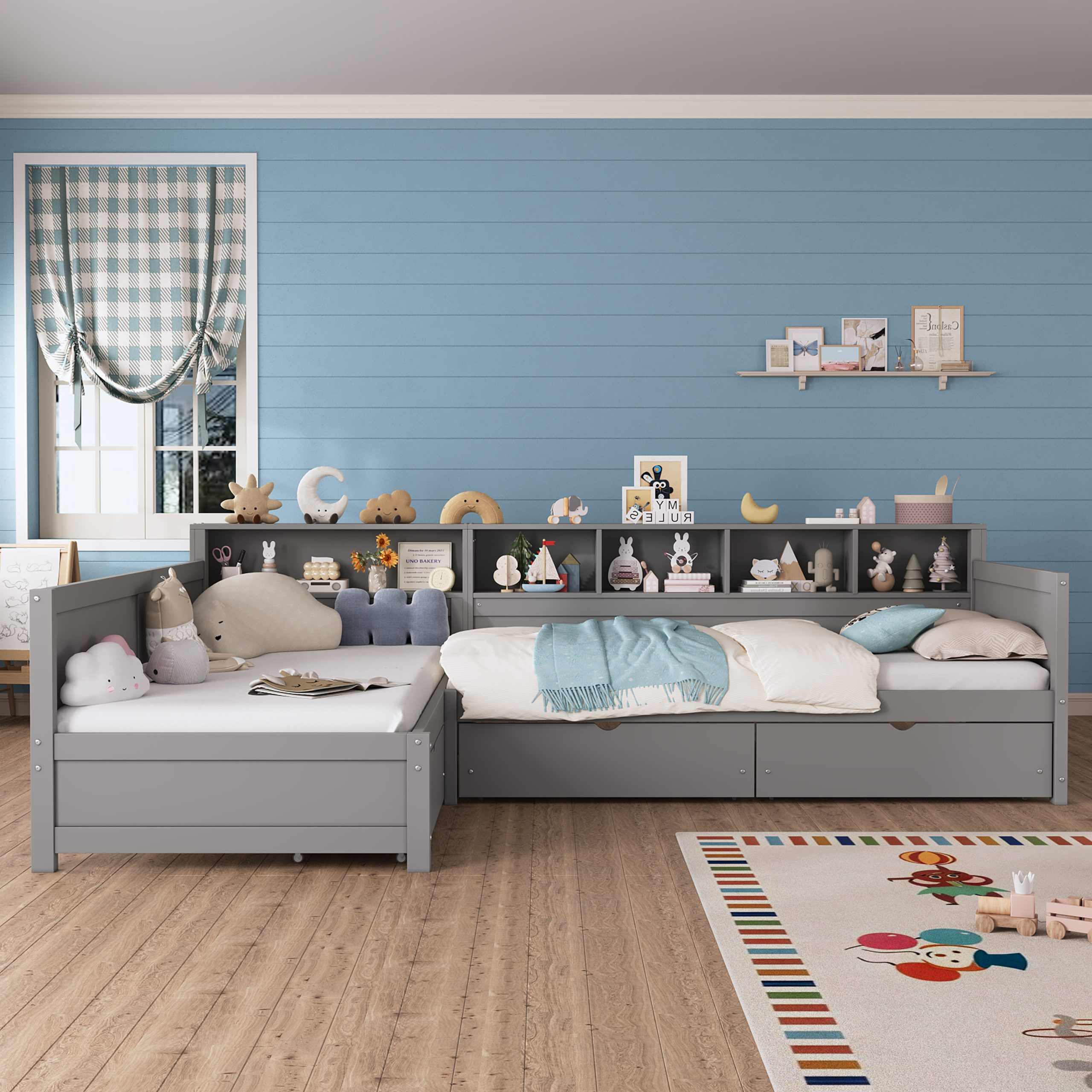 Twin Size Day Bed for 2, L- Shape Twin Size Bed Frame with Storage 3 Drawers, Wooden Corner Bed with Bookshelf, Corner Bed Frame For Bedroom, Living Room,Grey - Image 2