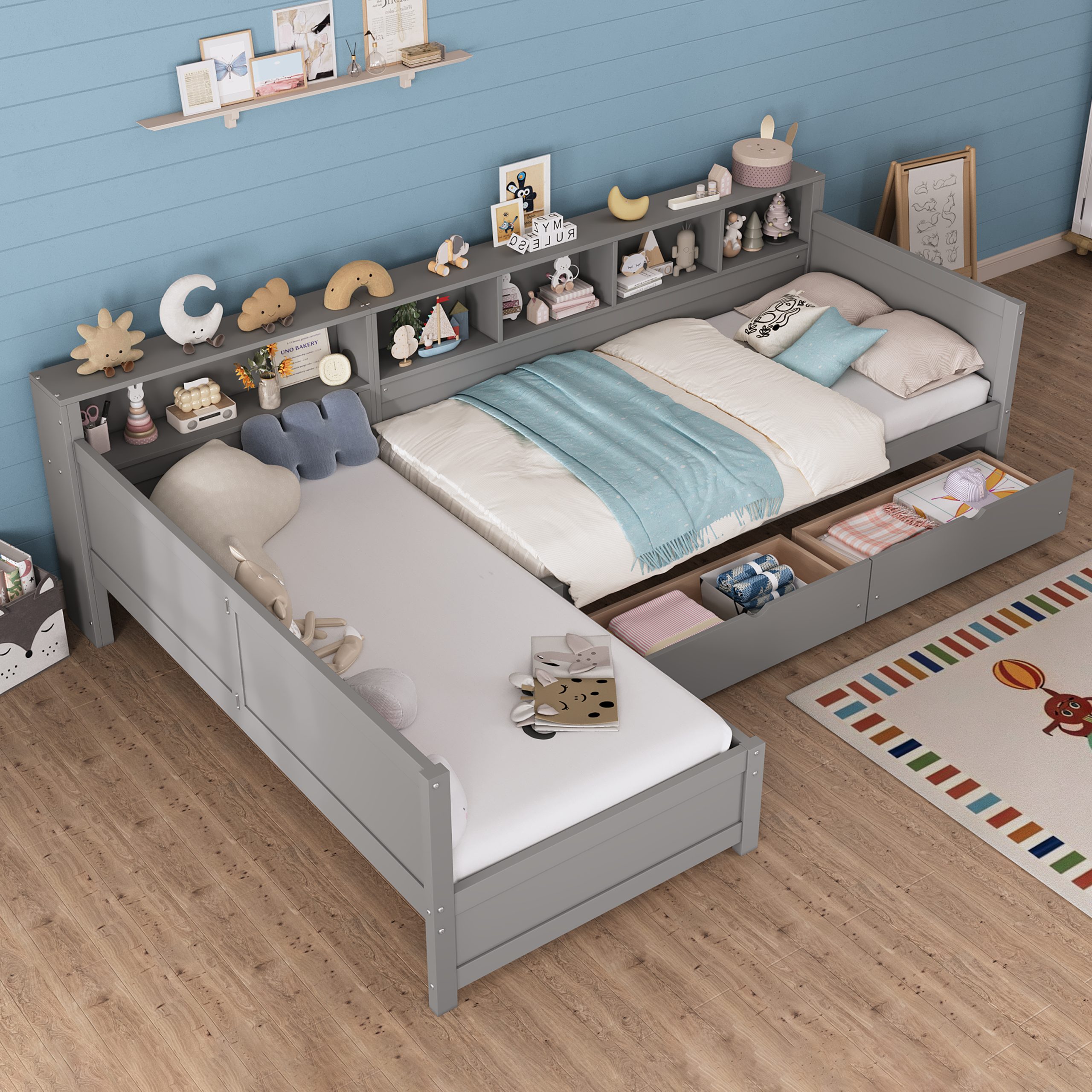 Twin Size Day Bed for 2, L- Shape Twin Size Bed Frame with Storage 3 Drawers, Wooden Corner Bed with Bookshelf, Corner Bed Frame For Bedroom, Living Room,Grey - Image 3