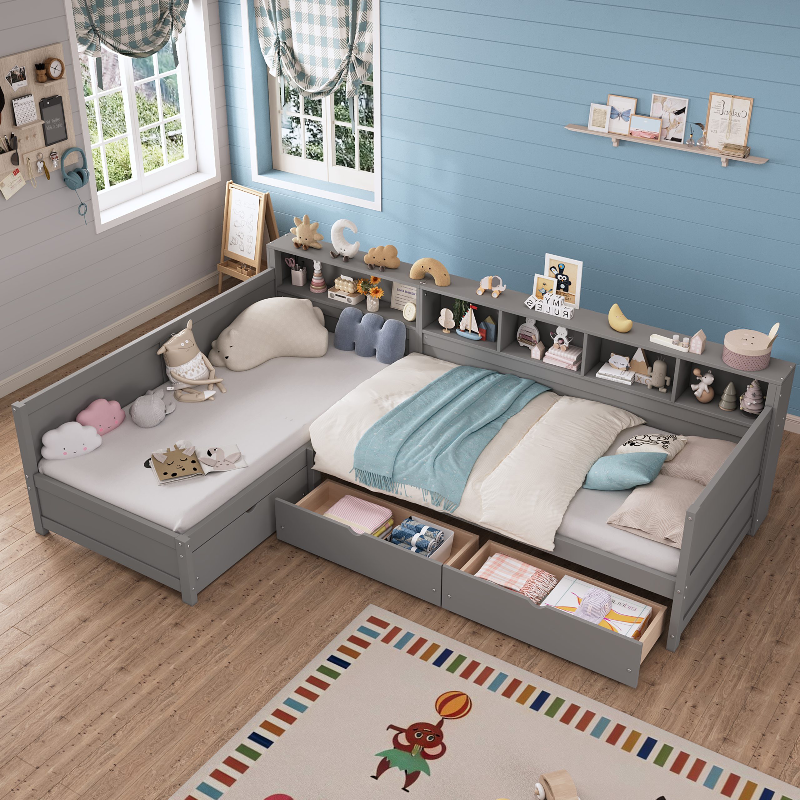 Twin Size Day Bed for 2, L- Shape Twin Size Bed Frame with Storage 3 Drawers, Wooden Corner Bed with Bookshelf, Corner Bed Frame For Bedroom, Living Room,Grey - Image 4