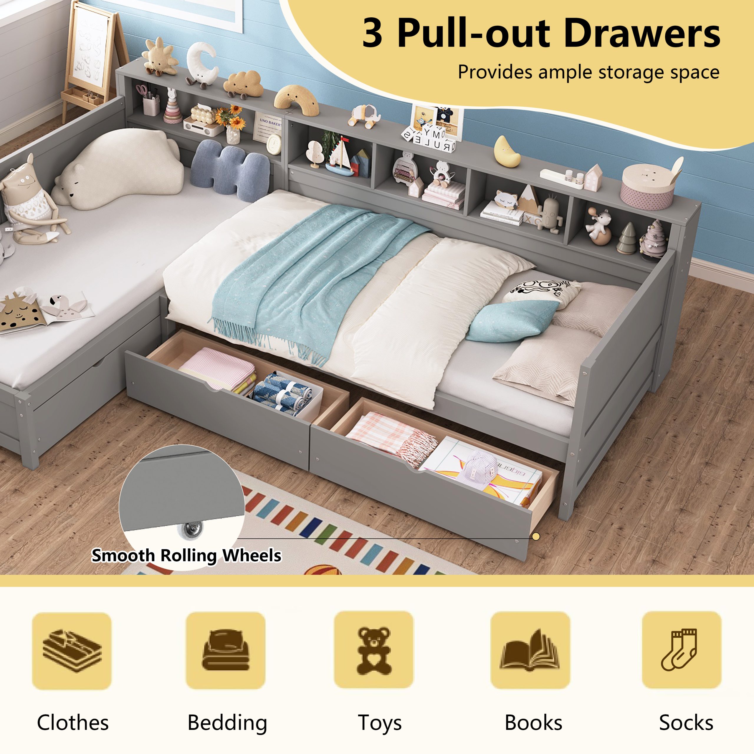 Twin Size Day Bed for 2, L- Shape Twin Size Bed Frame with Storage 3 Drawers, Wooden Corner Bed with Bookshelf, Corner Bed Frame For Bedroom, Living Room,Grey - Image 5