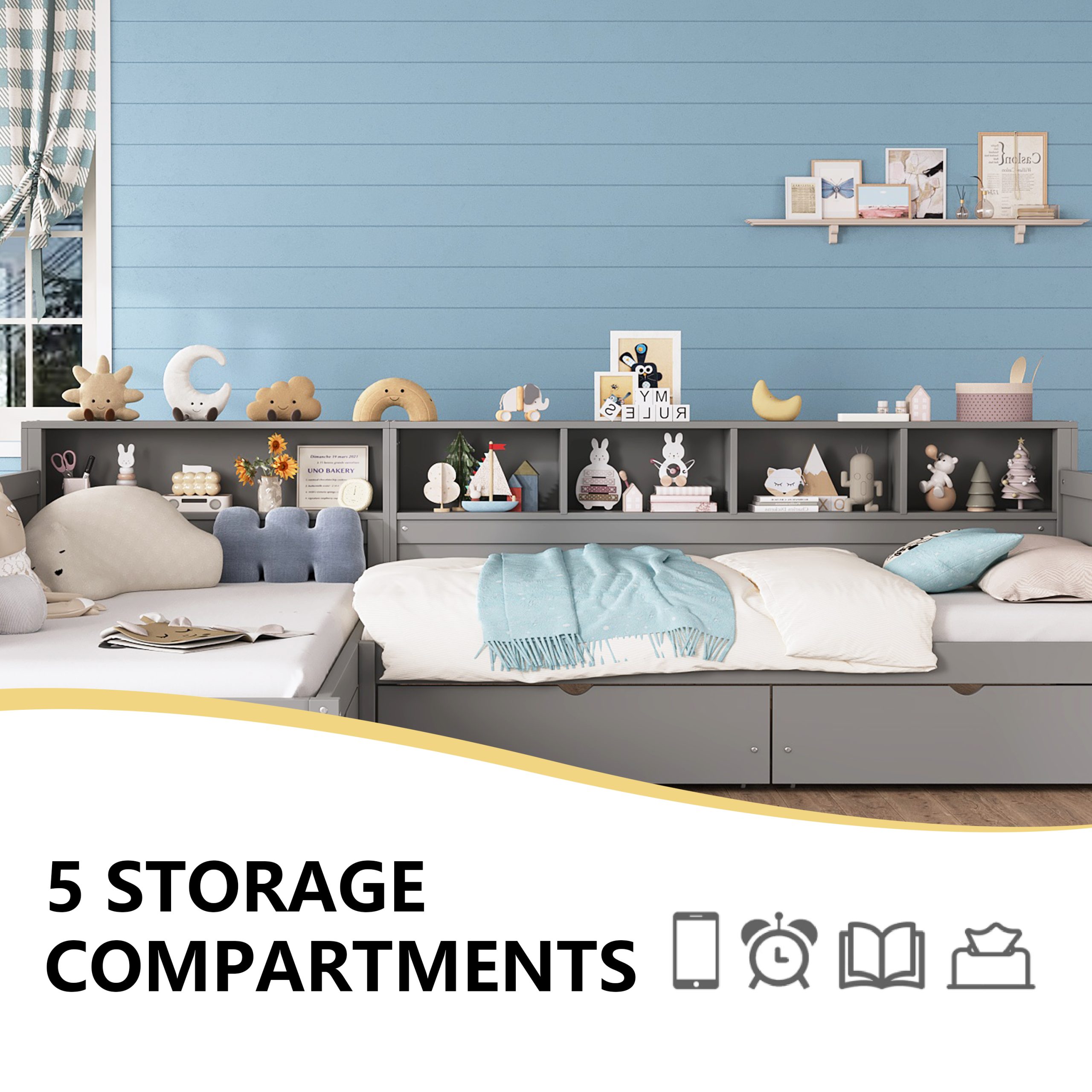 Twin Size Day Bed for 2, L- Shape Twin Size Bed Frame with Storage 3 Drawers, Wooden Corner Bed with Bookshelf, Corner Bed Frame For Bedroom, Living Room,Grey - Image 6
