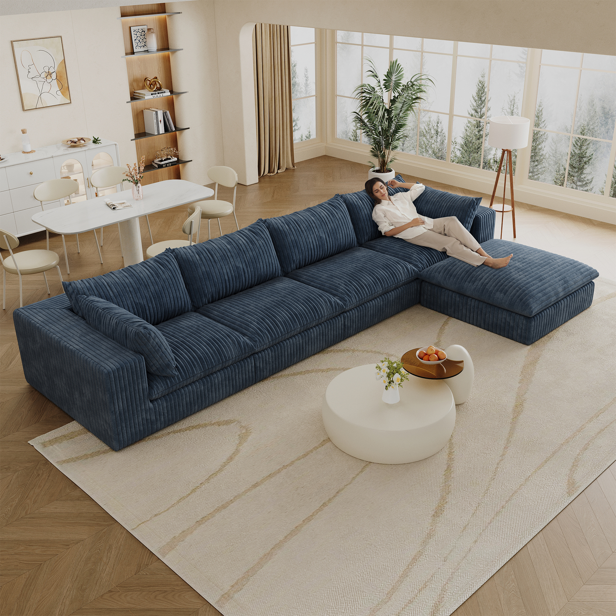 157.6"Cloud Sofa,Corduroy Fabric,Deep Seat Couches,Double-layer design,Removable Cushion,No Assembly,DIY Combination for Living room, Bedroom,Conference room ,Apartment,Blue - Image 2