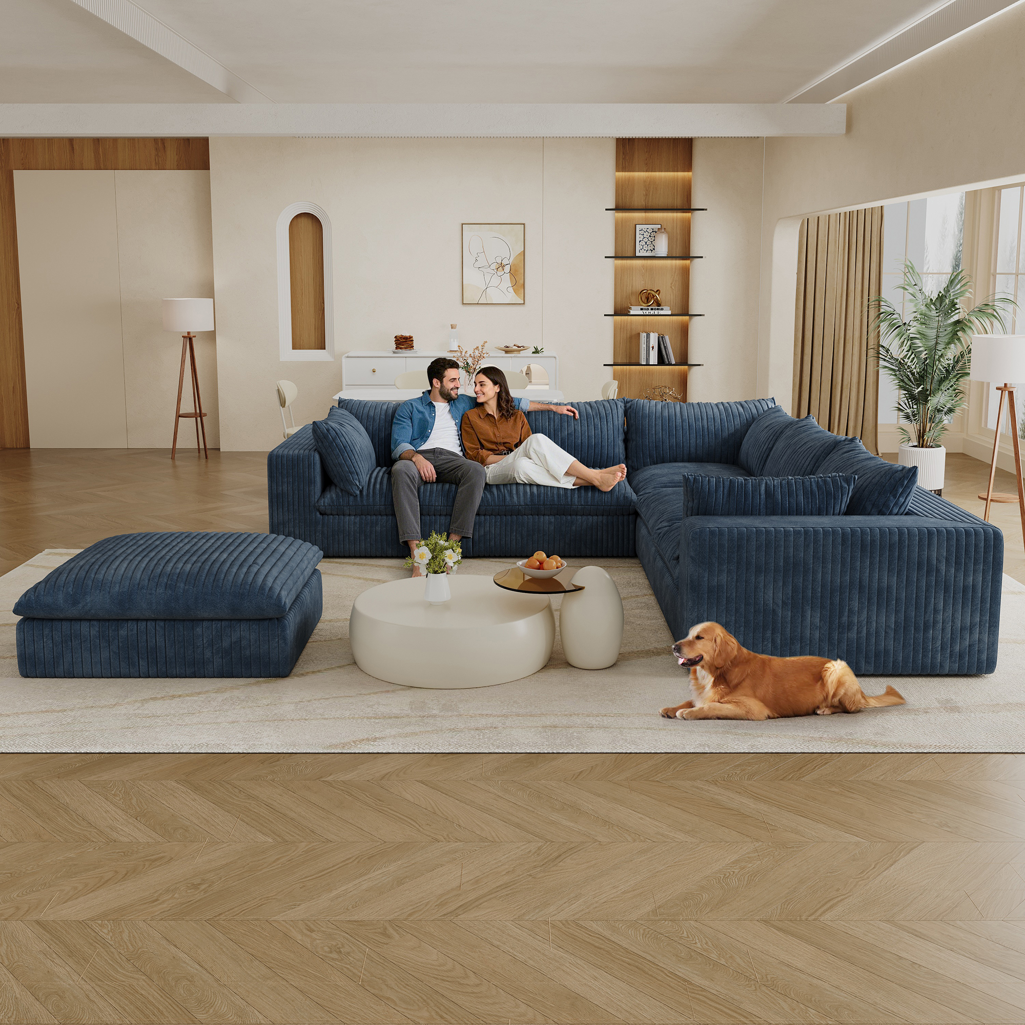 118.2" Cloud Sofa,Corduroy Fabric,Deep Seat Couches,Double-layer design,Removable Cushion,No Assembly, DIY Combination for Living room, Bedroom,Conference room ,Apartment,Blue - Image 2