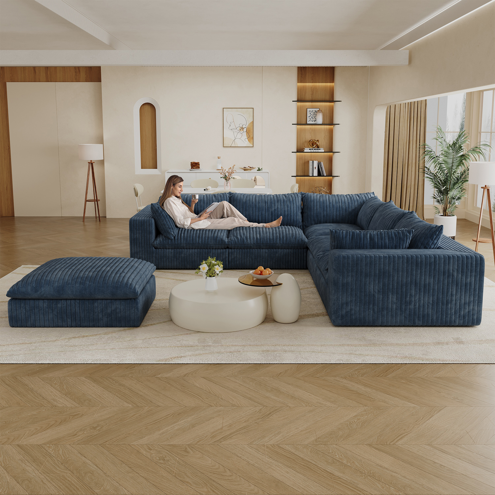 118.2" Cloud Sofa,Corduroy Fabric,Deep Seat Couches,Double-layer design,Removable Cushion,No Assembly, DIY Combination for Living room, Bedroom,Conference room ,Apartment,Blue - Image 3