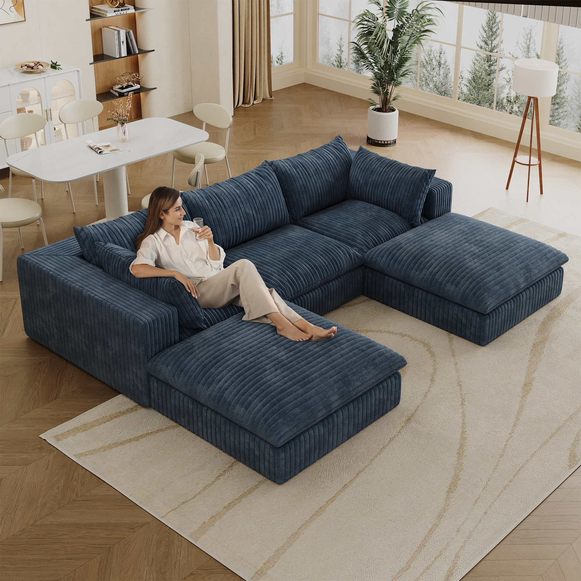 118.2" Cloud Sofa,Corduroy Fabric,Deep Seat Couches,Double-layer design,Removable Cushion,No Assembly, DIY Combination for Living room, Bedroom,Conference room ,Apartment,Blue - Image 2