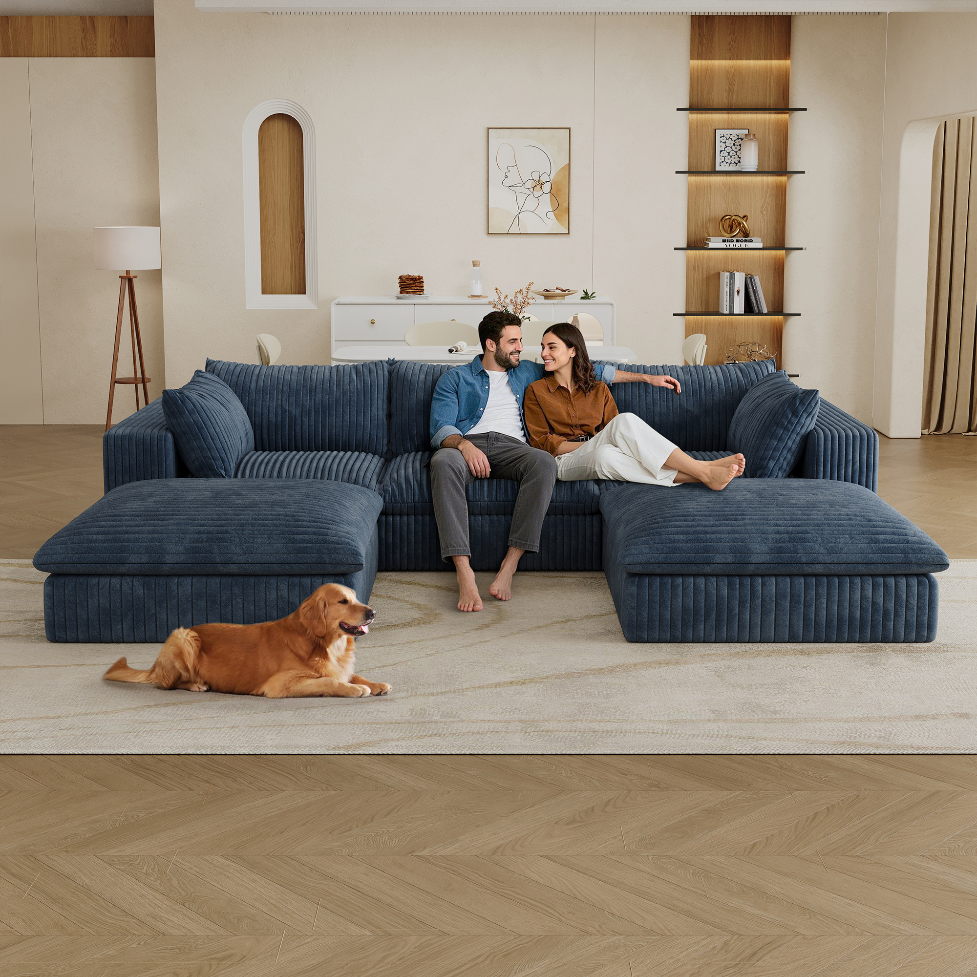 118.2" Cloud Sofa,Corduroy Fabric,Deep Seat Couches,Double-layer design,Removable Cushion,No Assembly, DIY Combination for Living room, Bedroom,Conference room ,Apartment,Blue - Image 3