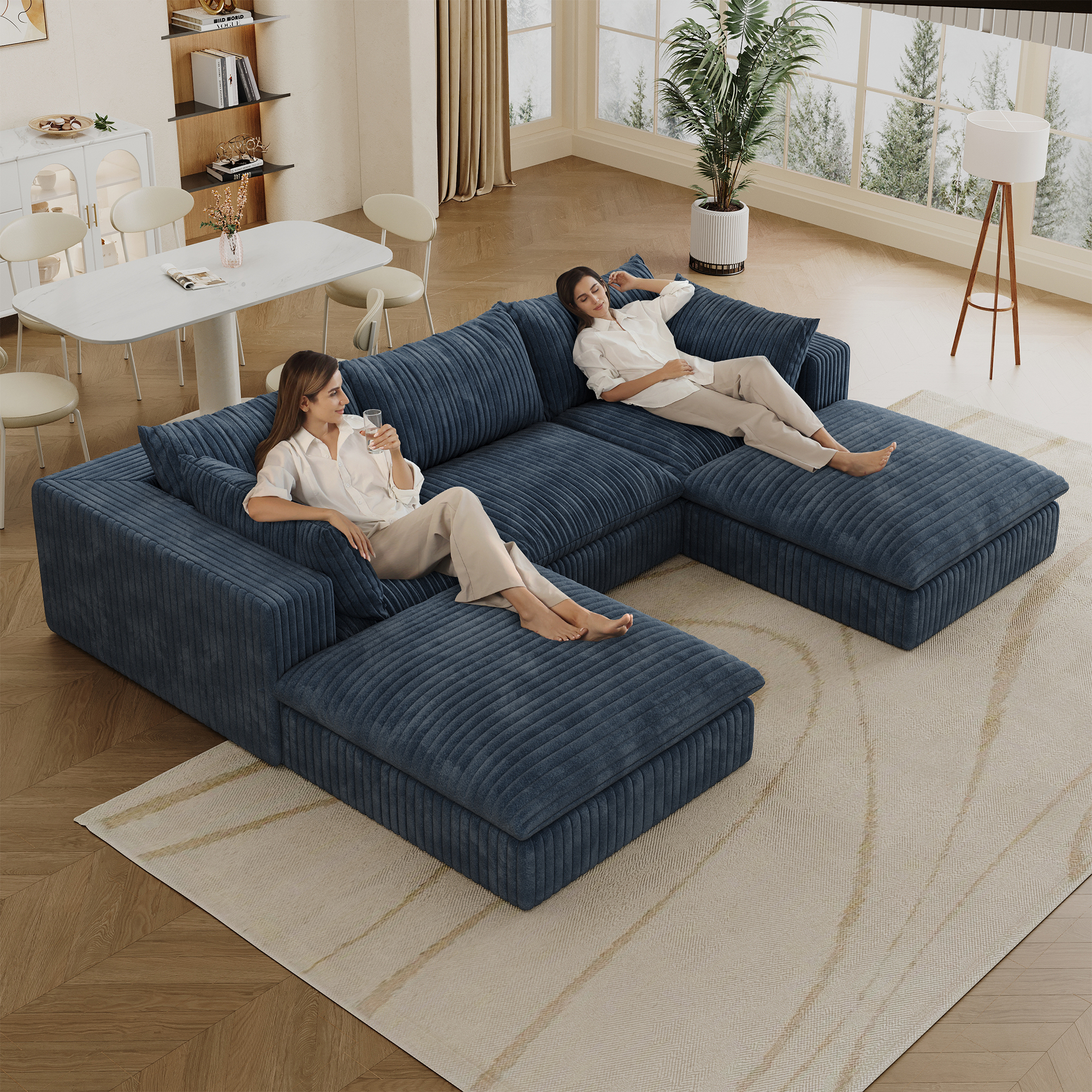 118.2" Cloud Sofa,Corduroy Fabric,Deep Seat Couches,Double-layer design,Removable Cushion,No Assembly, DIY Combination for Living room, Bedroom,Conference room ,Apartment,Blue - Image 4
