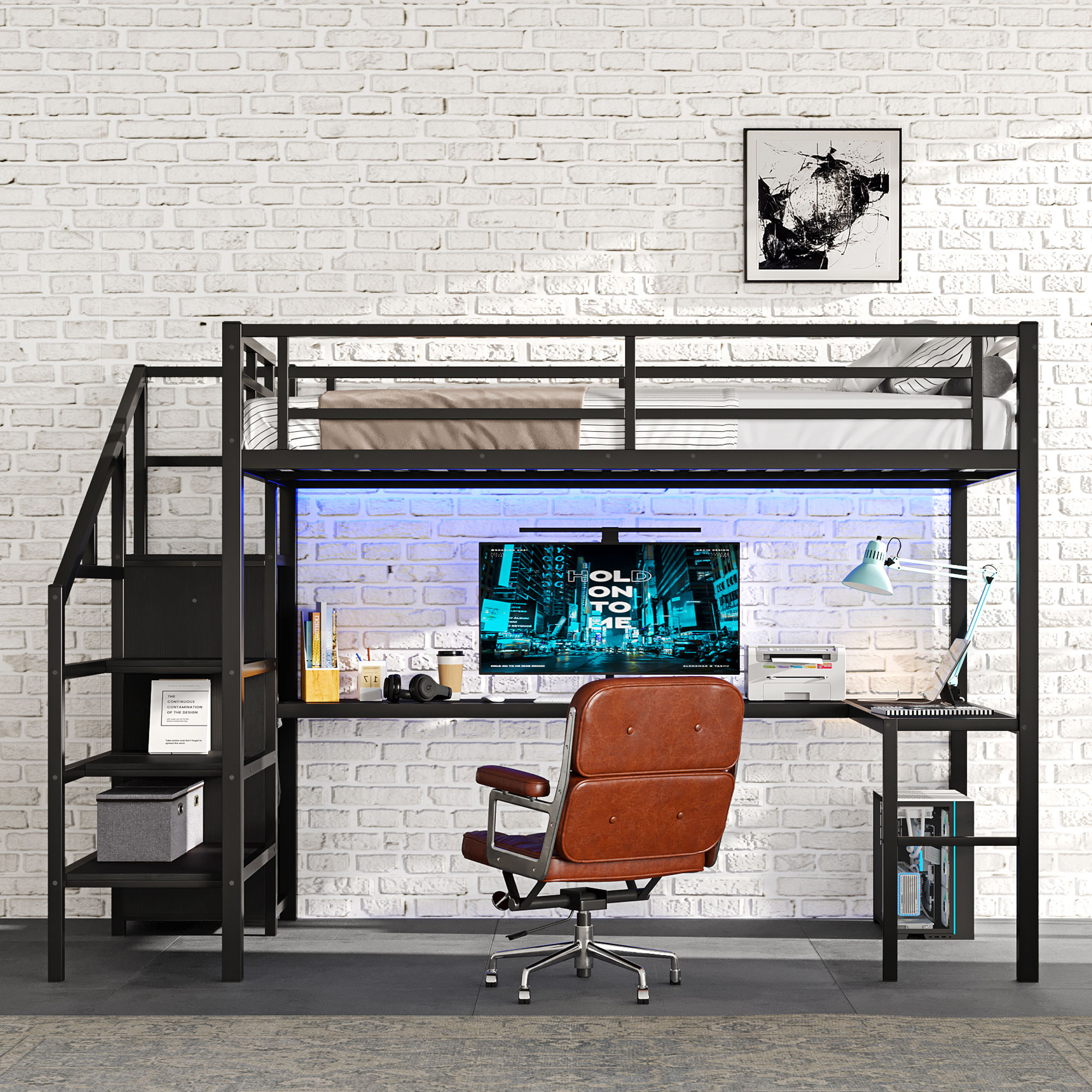 Full Size Loft Bed with L-shaped Desk and USB, Metal Loft Bed with Wardrobe and Adjustable Shelf, High Loft Bed with LED for Kids Teens Adults, Black - Image 2