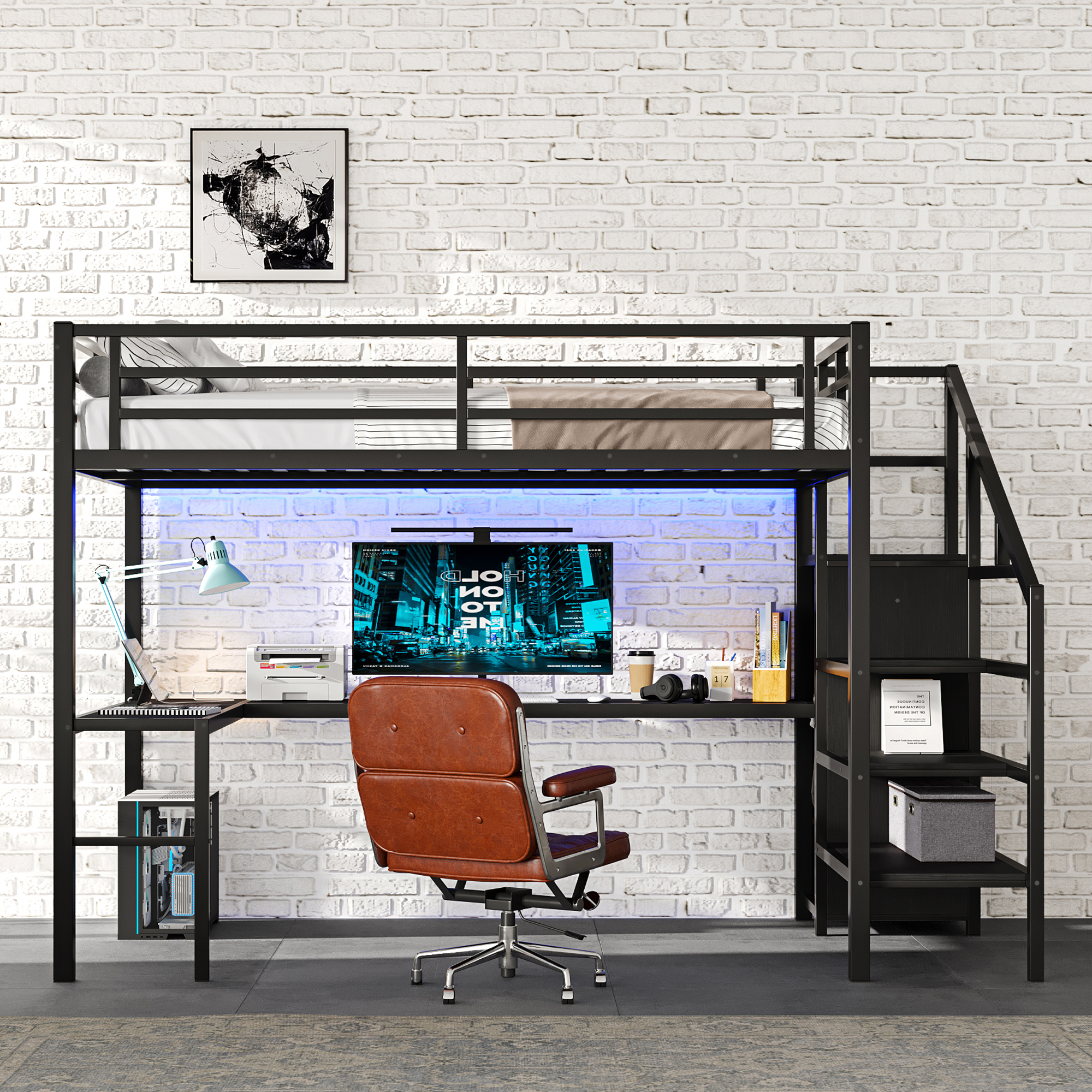 Full Size Loft Bed with L-shaped Desk and USB, Metal Loft Bed with Wardrobe and Adjustable Shelf, High Loft Bed with LED for Kids Teens Adults, Black - Image 3