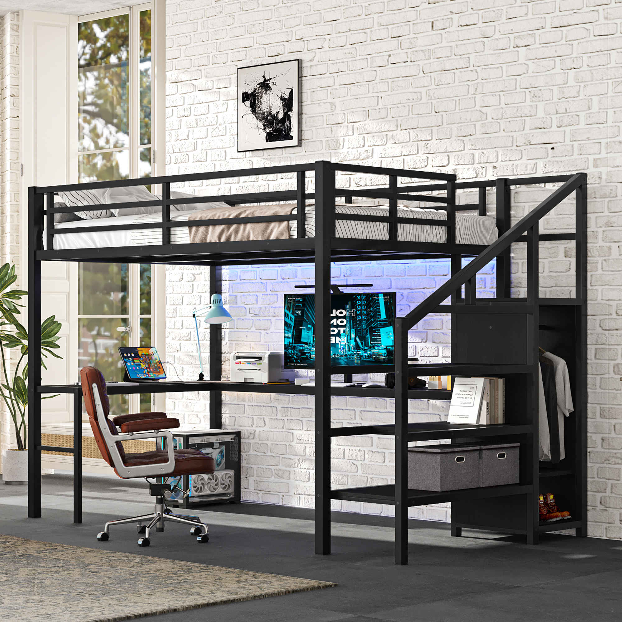 Full Size Loft Bed with L-shaped Desk and USB, Metal Loft Bed with Wardrobe and Adjustable Shelf, High Loft Bed with LED for Kids Teens Adults, Black - Image 4