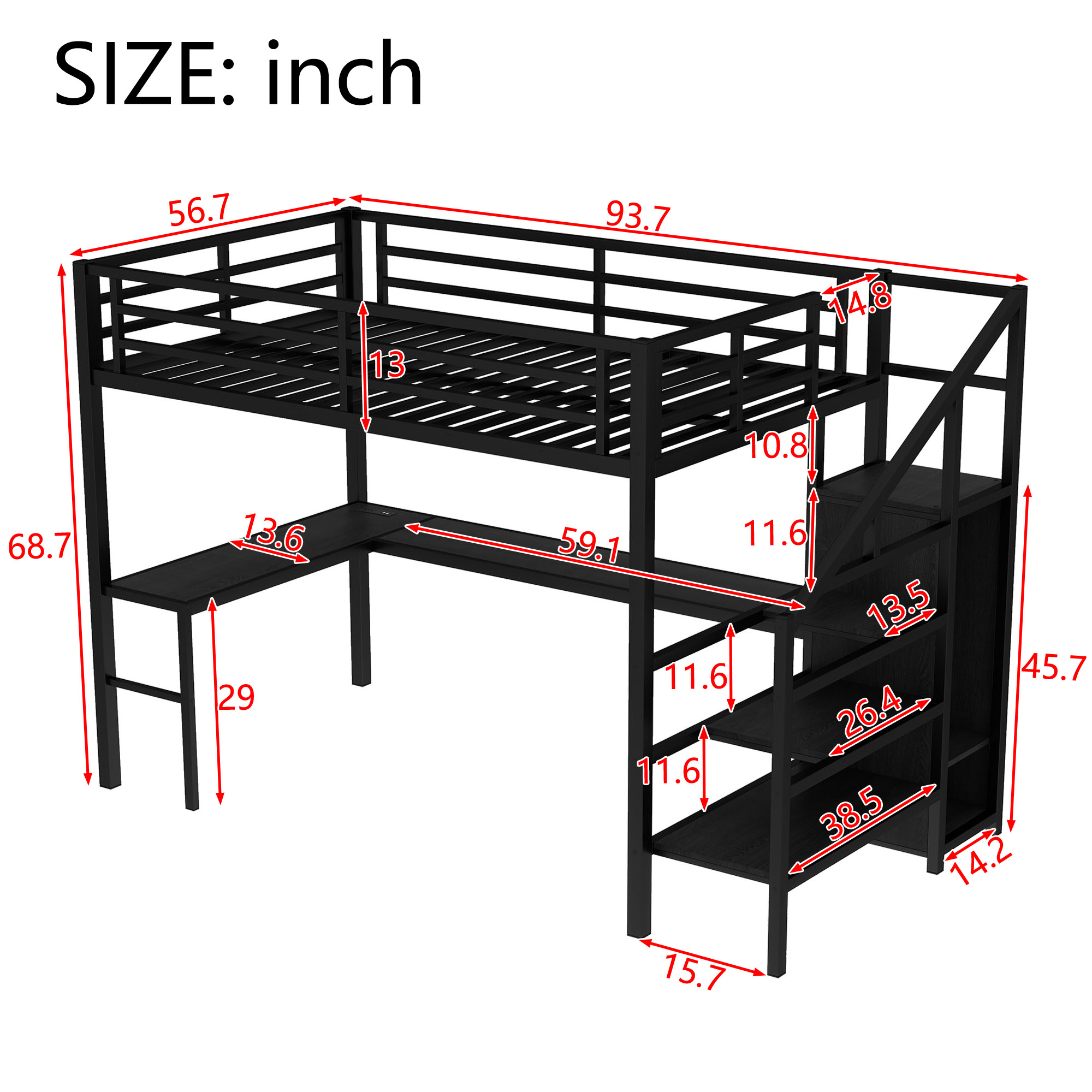 Full Size Loft Bed with L-shaped Desk and USB, Metal Loft Bed with Wardrobe and Adjustable Shelf, High Loft Bed with LED for Kids Teens Adults, Black - Image 5