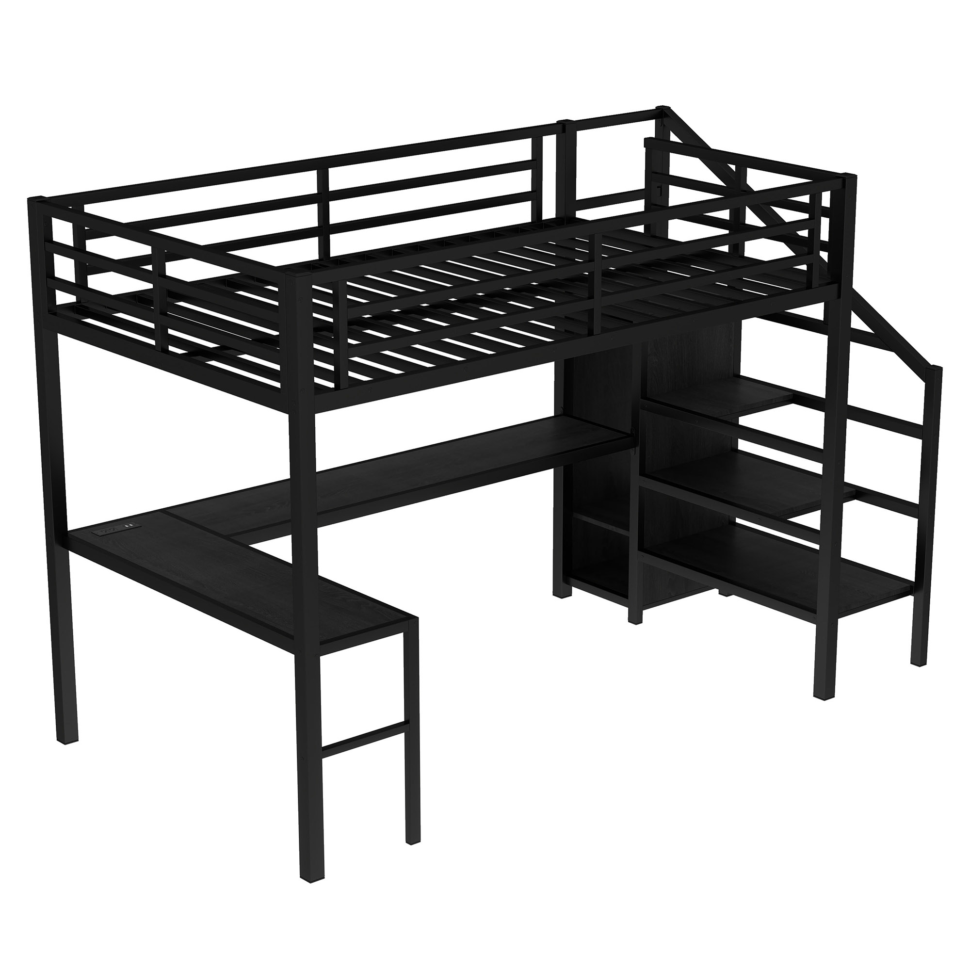 Full Size Loft Bed with L-shaped Desk and USB, Metal Loft Bed with Wardrobe and Adjustable Shelf, High Loft Bed with LED for Kids Teens Adults, Black - Image 6