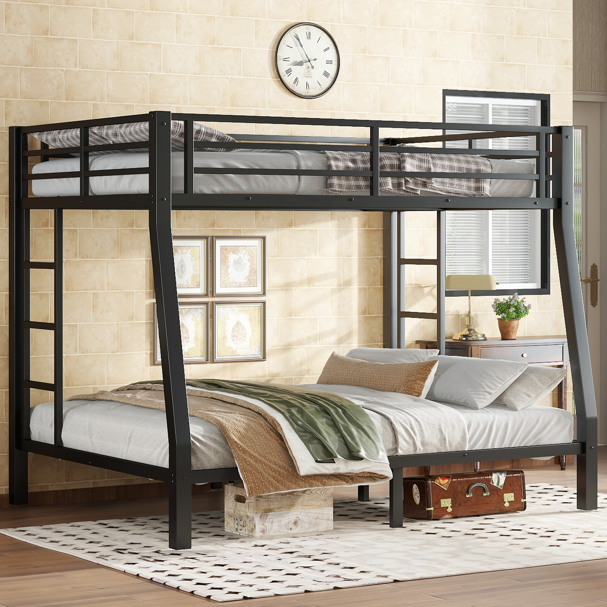 Metal Full XL over Queen Bunk Bed for Teens and Adults,Space-Saving/Noise Reduced/No Box Spring Needed,Black - Image 1