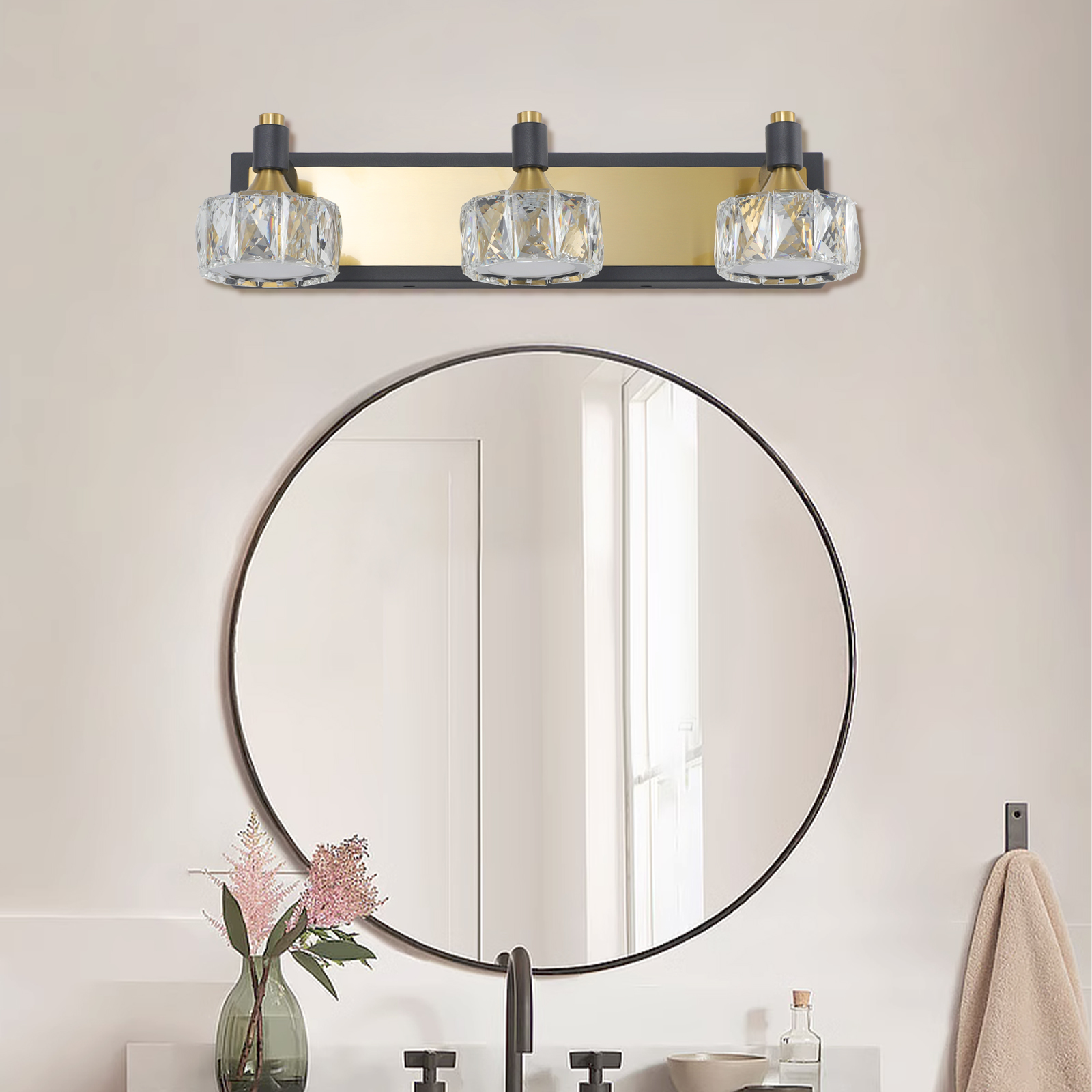 20" Modern Crystal Vanity Light with Black and Gold Finish – 3-Light Bathroom Wall Sconce, Elegant and Stylish Fixture for Bathroom, Bedroom, or Hallway - Image 2
