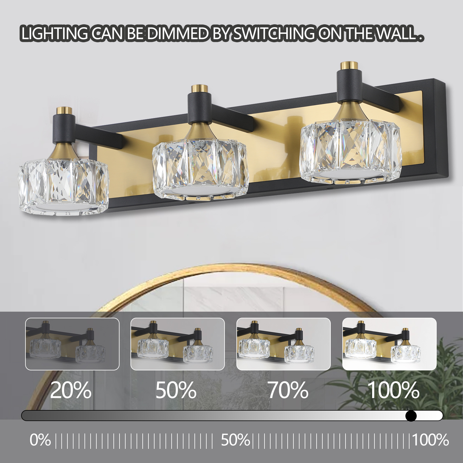 20" Modern Crystal Vanity Light with Black and Gold Finish – 3-Light Bathroom Wall Sconce, Elegant and Stylish Fixture for Bathroom, Bedroom, or Hallway - Image 3