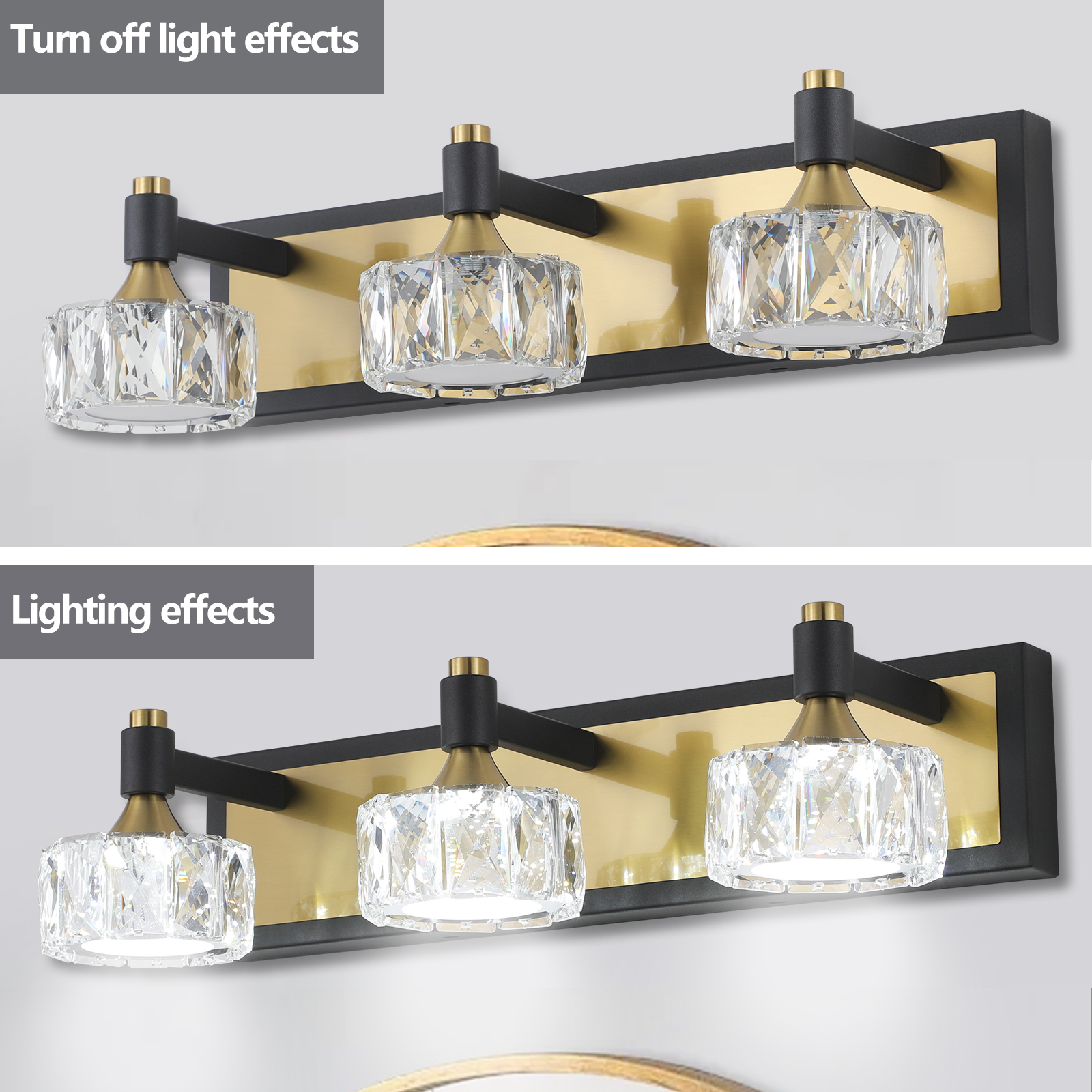 20" Modern Crystal Vanity Light with Black and Gold Finish – 3-Light Bathroom Wall Sconce, Elegant and Stylish Fixture for Bathroom, Bedroom, or Hallway - Image 4