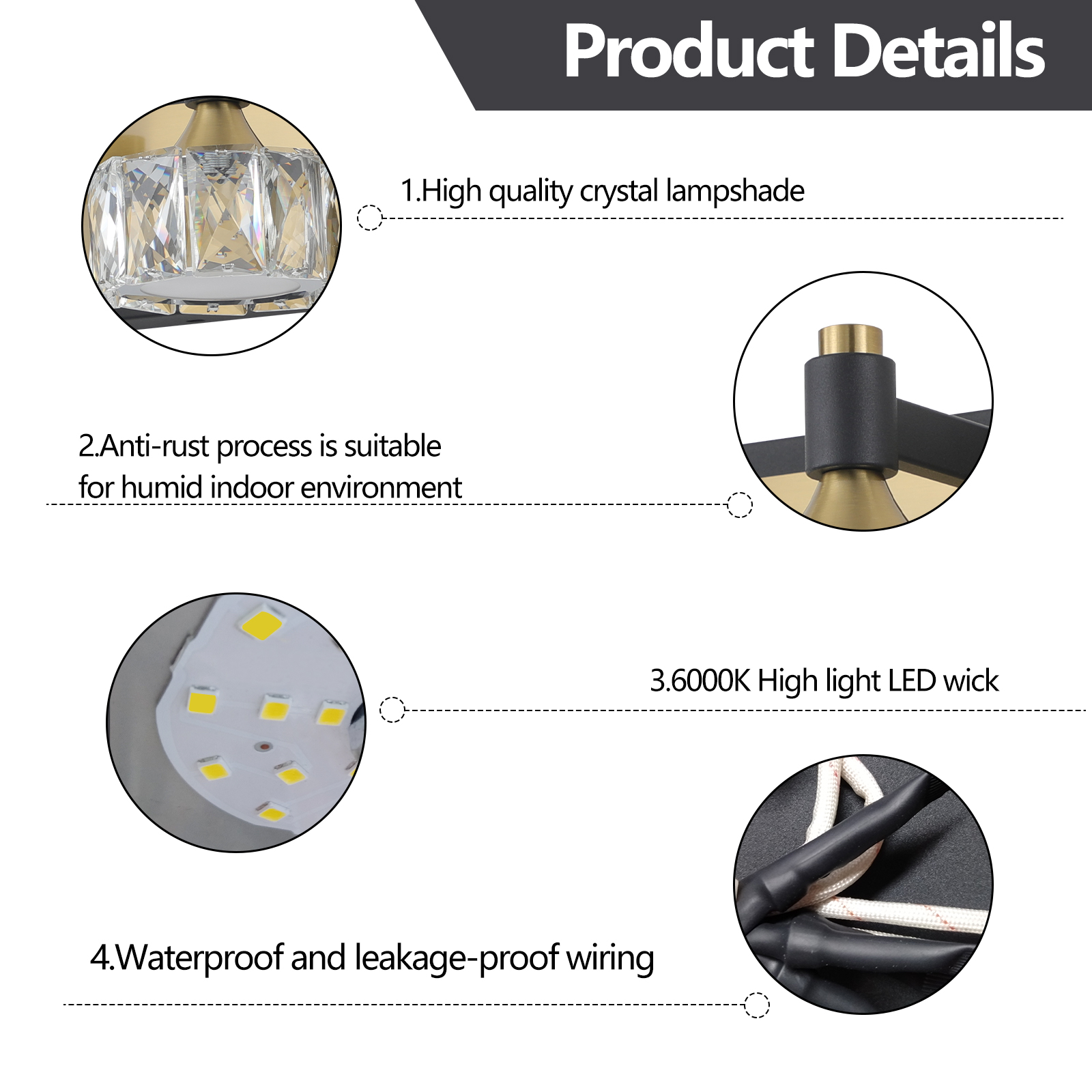 20" Modern Crystal Vanity Light with Black and Gold Finish – 3-Light Bathroom Wall Sconce, Elegant and Stylish Fixture for Bathroom, Bedroom, or Hallway - Image 6