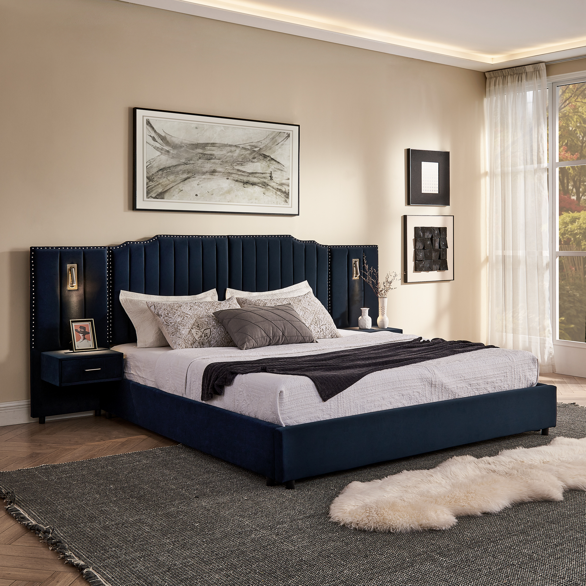 King Size Upholstered Bed Frame with Velvet Fabric, Vertical Stripe Design with Buttons Around King Size Platform Bed with Headboard, Solid Frame & Bedside Table – No Box Spring Needed-Dark Blue