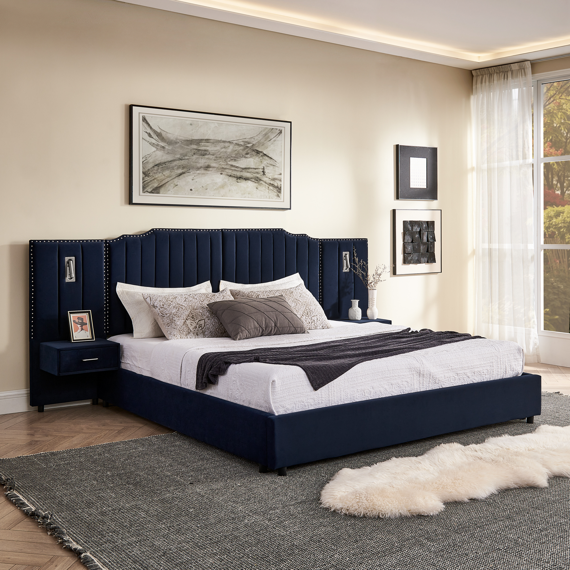 King Size Upholstered Bed Frame with Velvet Fabric, Vertical Stripe Design with Buttons Around King Size Platform Bed with Headboard, Solid Frame & Bedside Table - No Box Spring Needed-Dark Blue - Image 2