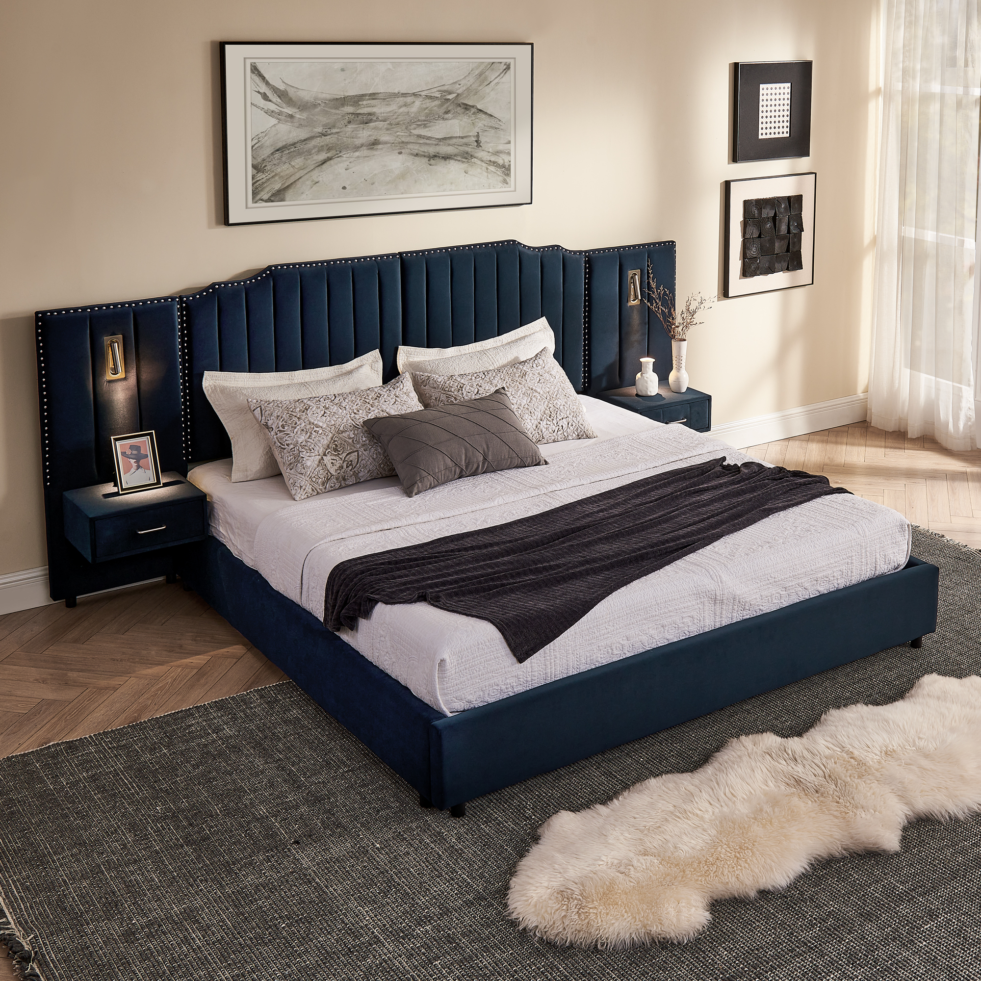 King Size Upholstered Bed Frame with Velvet Fabric, Vertical Stripe Design with Buttons Around King Size Platform Bed with Headboard, Solid Frame & Bedside Table - No Box Spring Needed-Dark Blue - Image 3