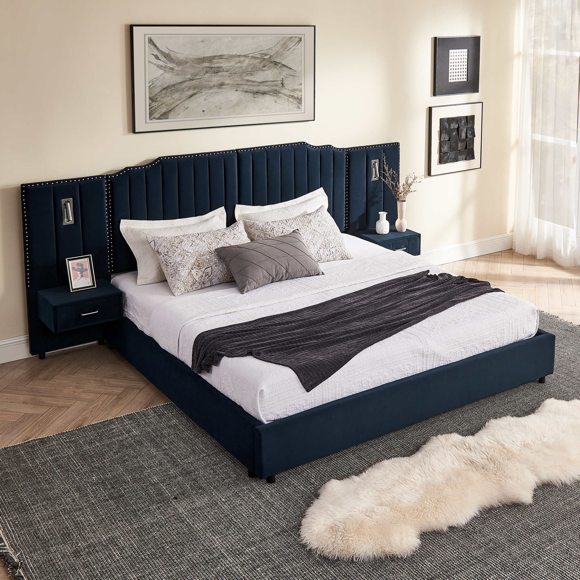 King Size Upholstered Bed Frame with Velvet Fabric, Vertical Stripe Design with Buttons Around King Size Platform Bed with Headboard, Solid Frame & Bedside Table - No Box Spring Needed-Dark Blue - Image 4
