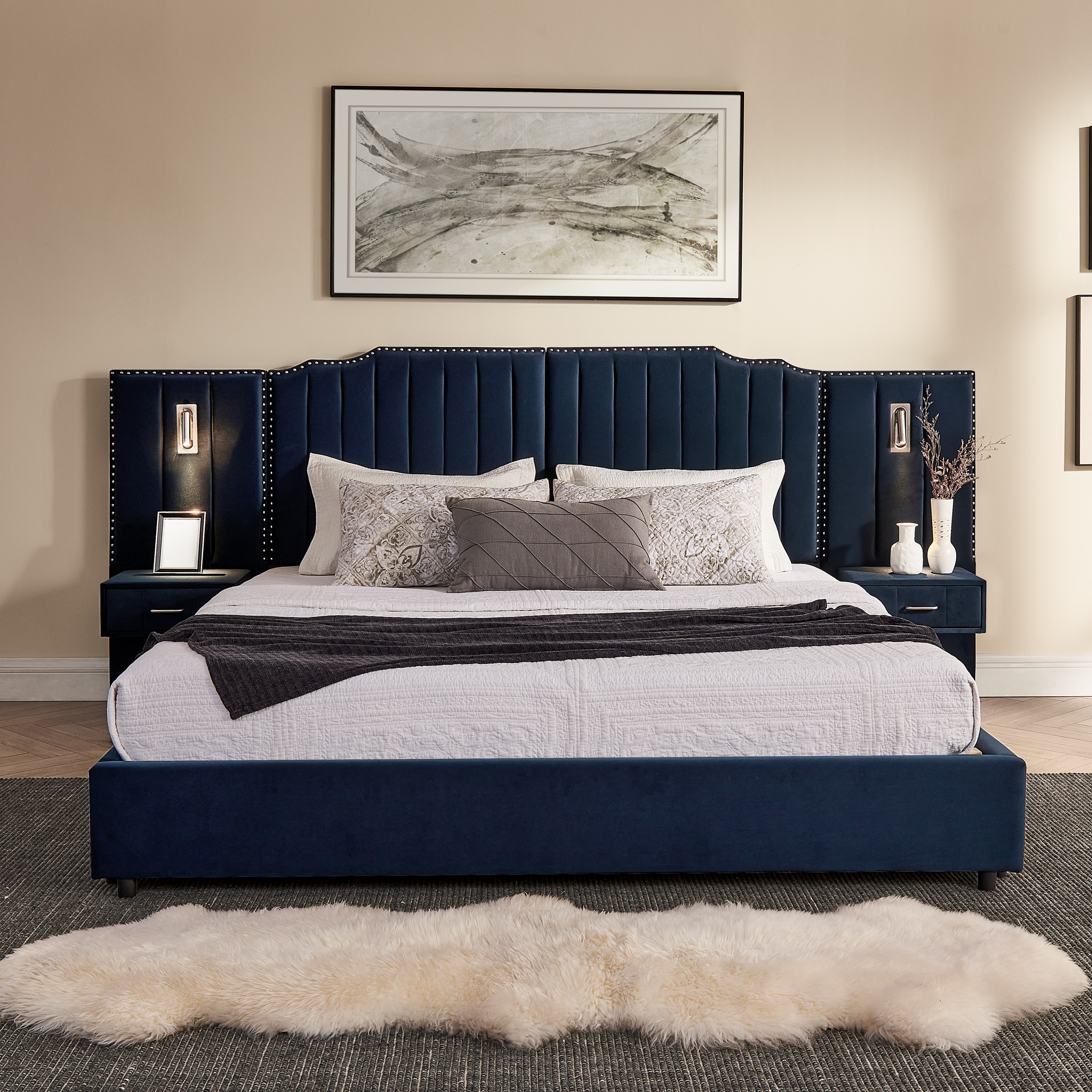 King Size Upholstered Bed Frame with Velvet Fabric, Vertical Stripe Design with Buttons Around King Size Platform Bed with Headboard, Solid Frame & Bedside Table - No Box Spring Needed-Dark Blue - Image 5