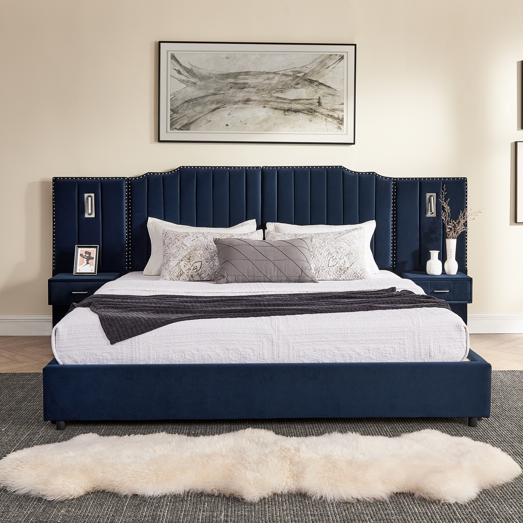 King Size Upholstered Bed Frame with Velvet Fabric, Vertical Stripe Design with Buttons Around King Size Platform Bed with Headboard, Solid Frame & Bedside Table - No Box Spring Needed-Dark Blue - Image 6