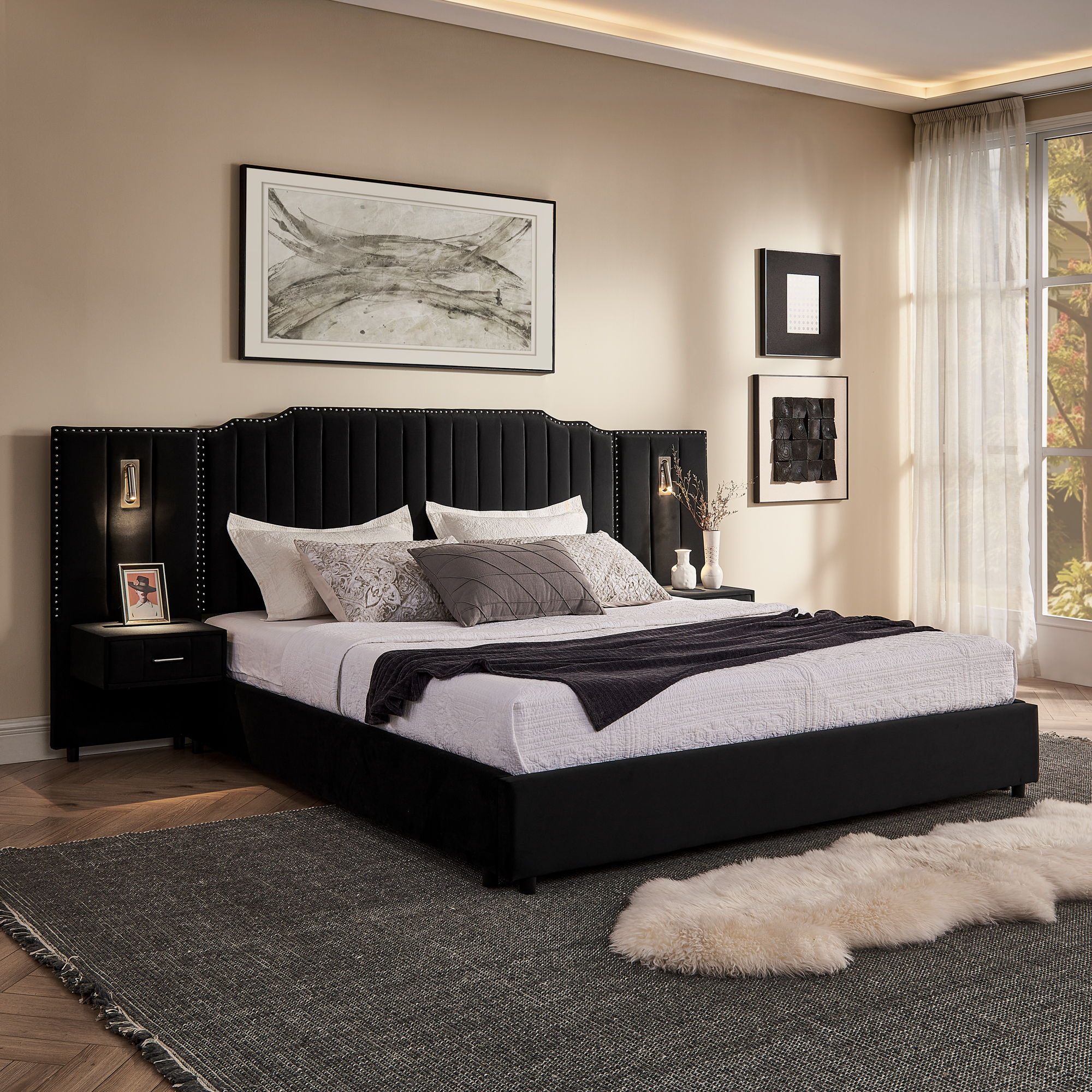 King Size Upholstered Bed Frame with Velvet Fabric, Vertical Stripe Design with Buttons Around King Size Platform Bed with Headboard, Solid Frame & Bedside Table – No Box Spring Needed-Black