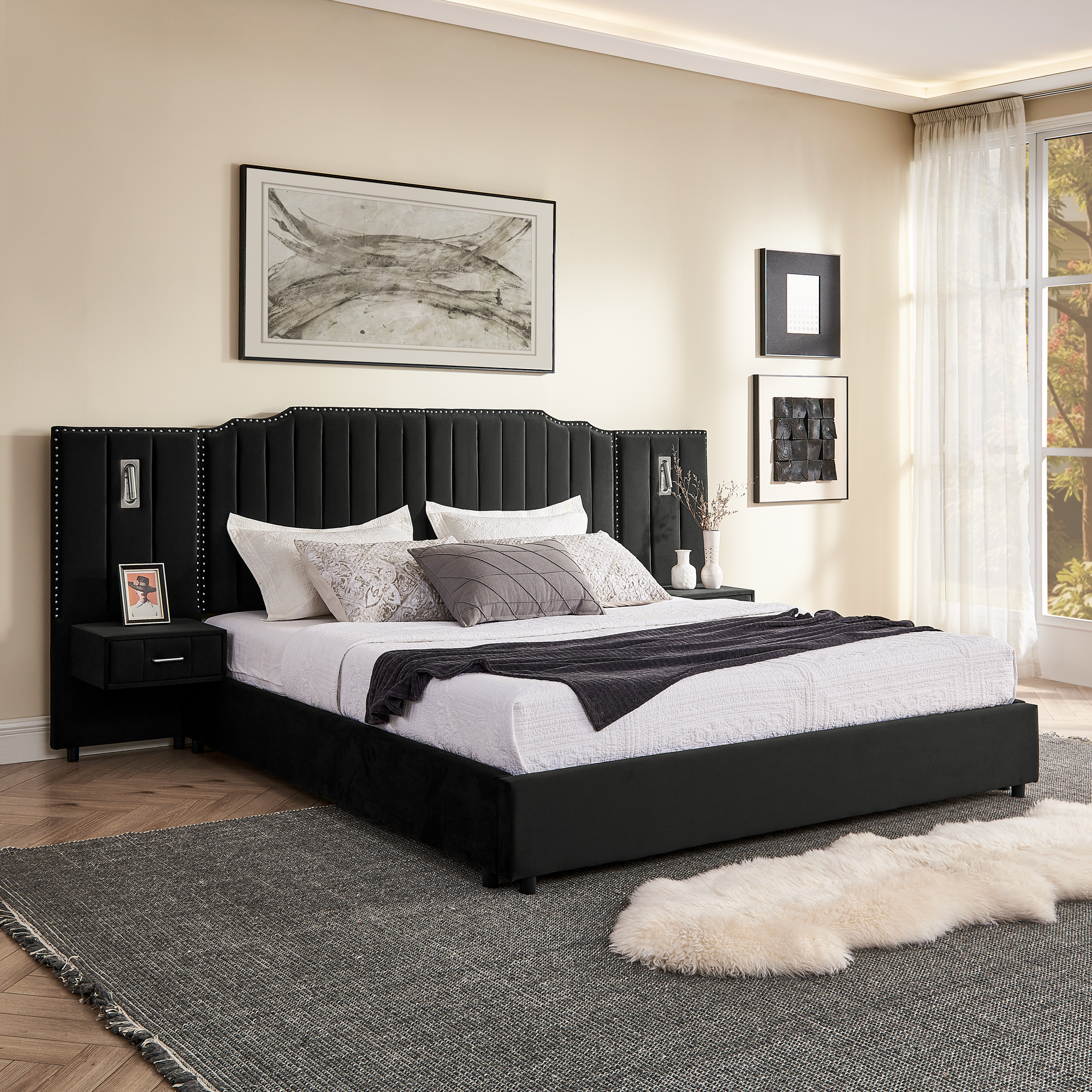 King Size Upholstered Bed Frame with Velvet Fabric, Vertical Stripe Design with Buttons Around King Size Platform Bed with Headboard, Solid Frame & Bedside Table - No Box Spring Needed-Black - Image 2