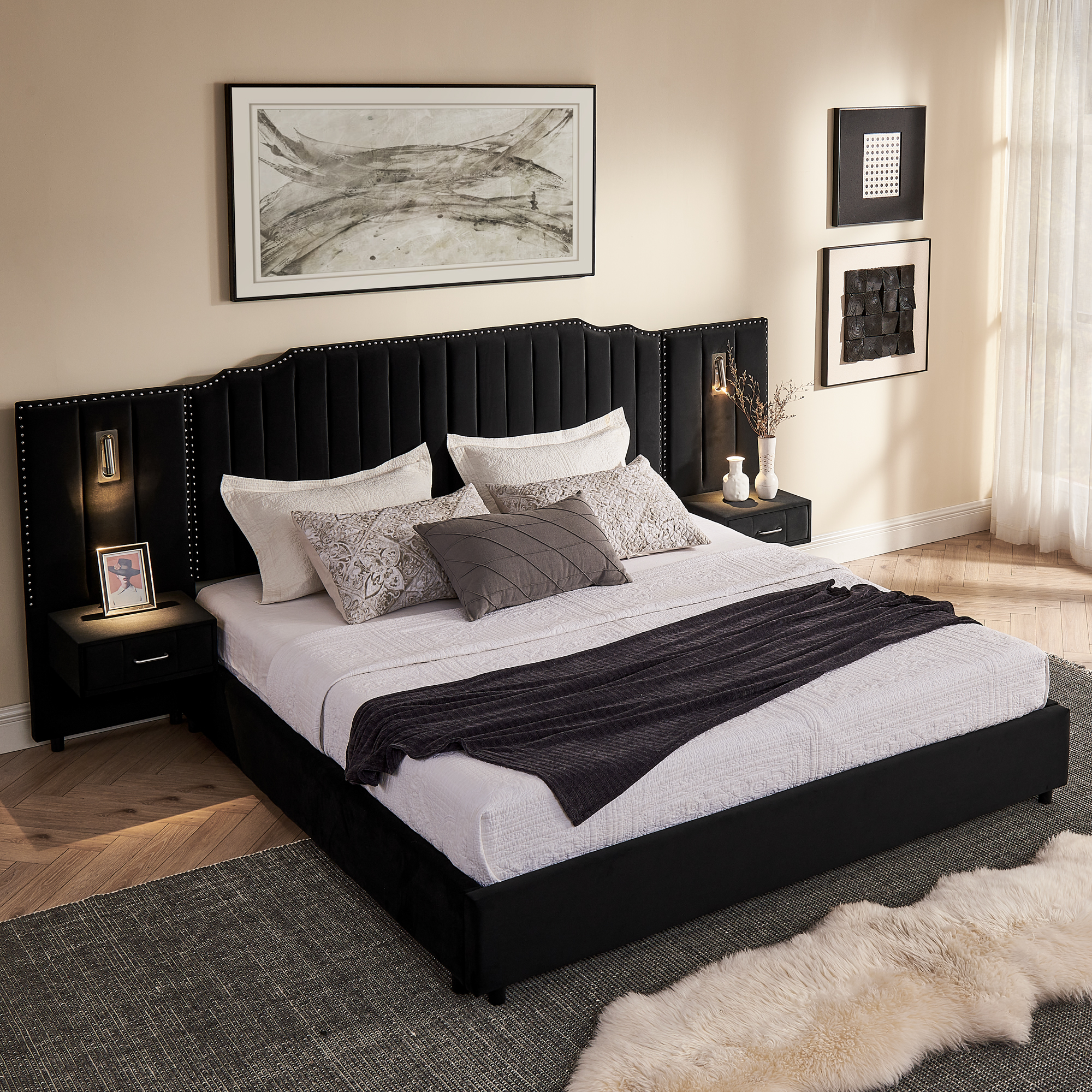 King Size Upholstered Bed Frame with Velvet Fabric, Vertical Stripe Design with Buttons Around King Size Platform Bed with Headboard, Solid Frame & Bedside Table - No Box Spring Needed-Black - Image 3