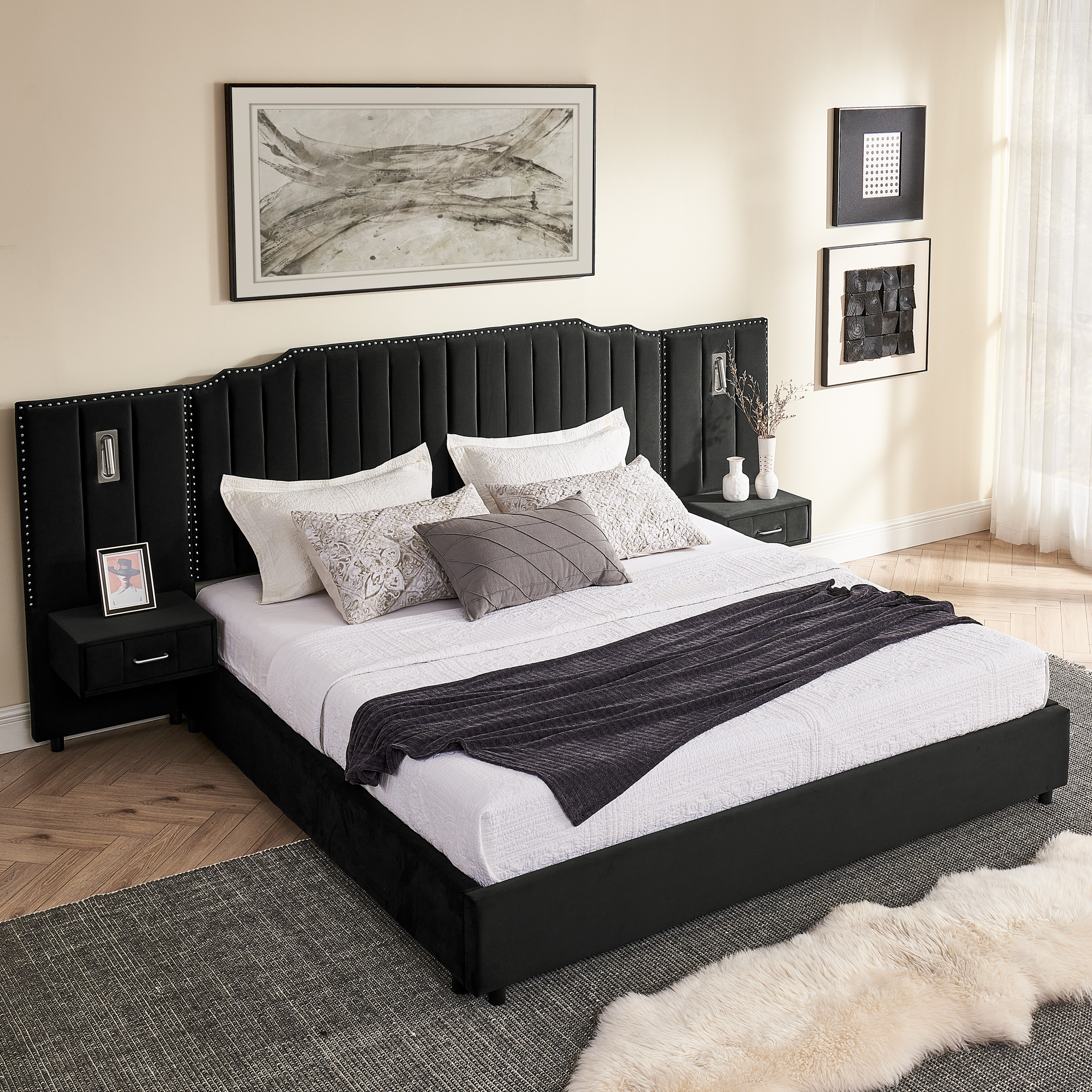 King Size Upholstered Bed Frame with Velvet Fabric, Vertical Stripe Design with Buttons Around King Size Platform Bed with Headboard, Solid Frame & Bedside Table - No Box Spring Needed-Black - Image 4