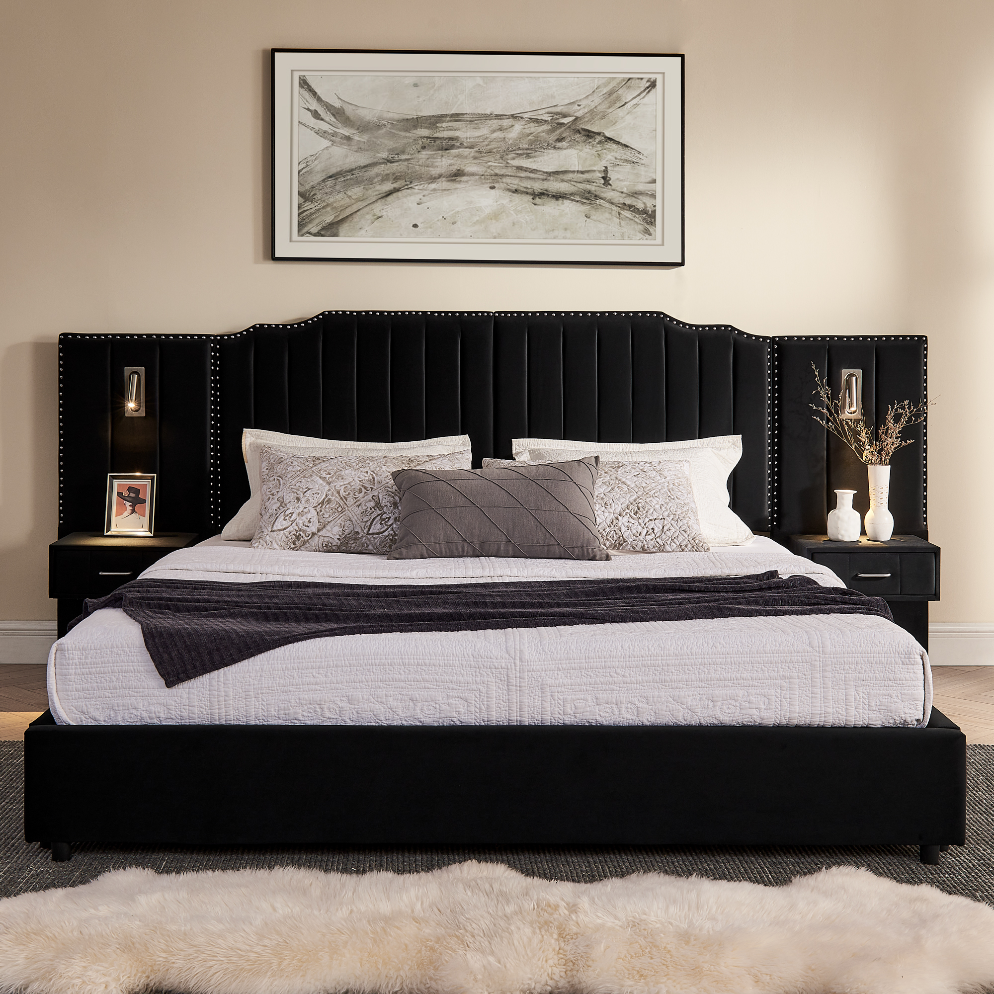 King Size Upholstered Bed Frame with Velvet Fabric, Vertical Stripe Design with Buttons Around King Size Platform Bed with Headboard, Solid Frame & Bedside Table - No Box Spring Needed-Black - Image 5