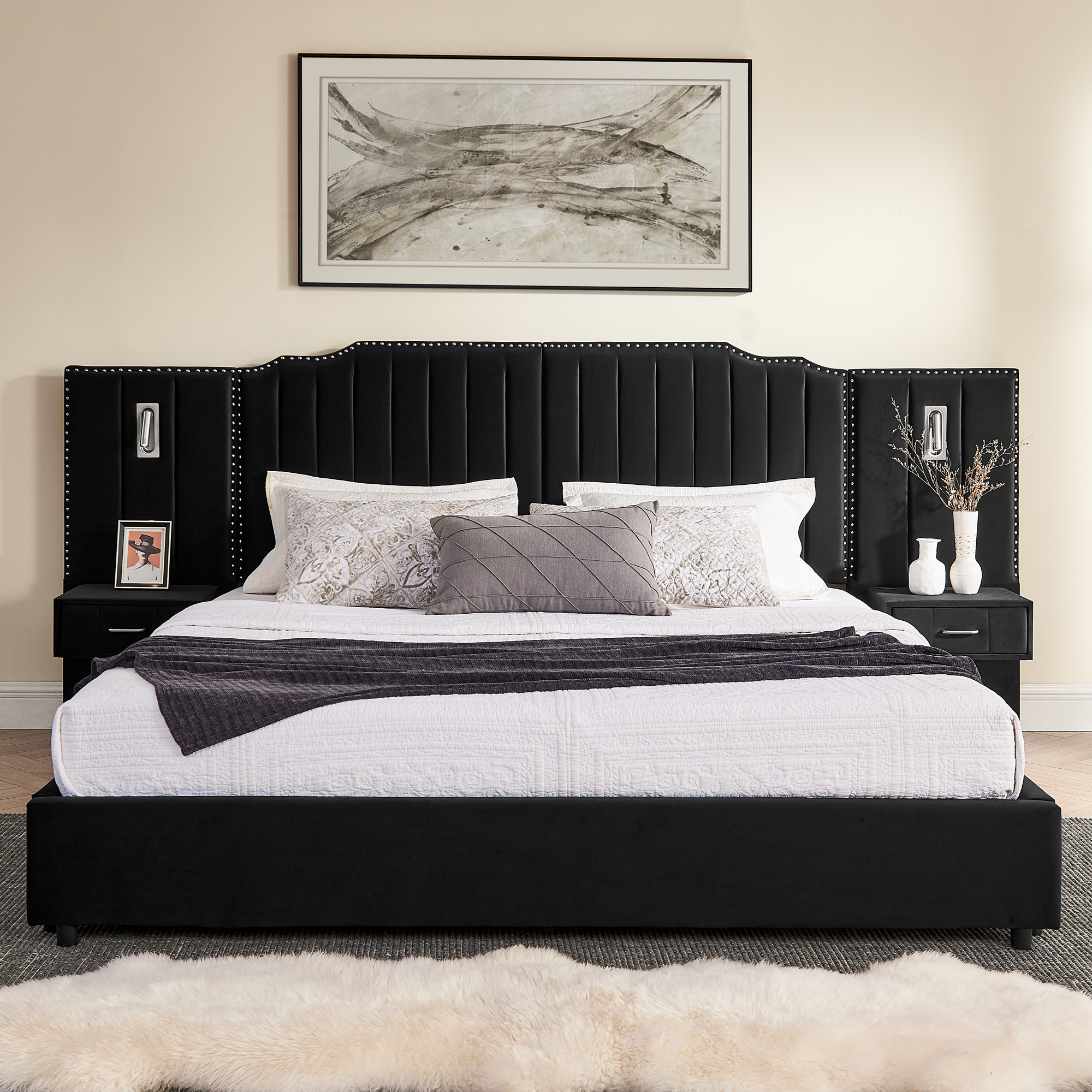 King Size Upholstered Bed Frame with Velvet Fabric, Vertical Stripe Design with Buttons Around King Size Platform Bed with Headboard, Solid Frame & Bedside Table - No Box Spring Needed-Black - Image 6