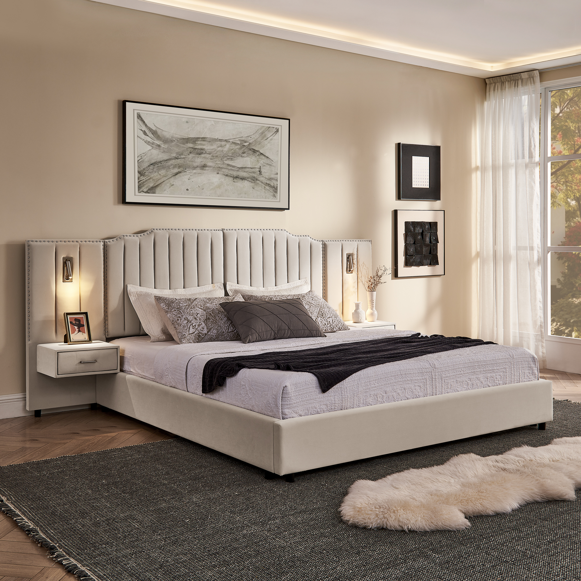 King Size Upholstered Bed Frame with Velvet Fabric, Vertical Stripe Design with Buttons Around King Size Platform Bed with Headboard, Solid Frame & Bedside Table – No Box Spring Needed-Beige