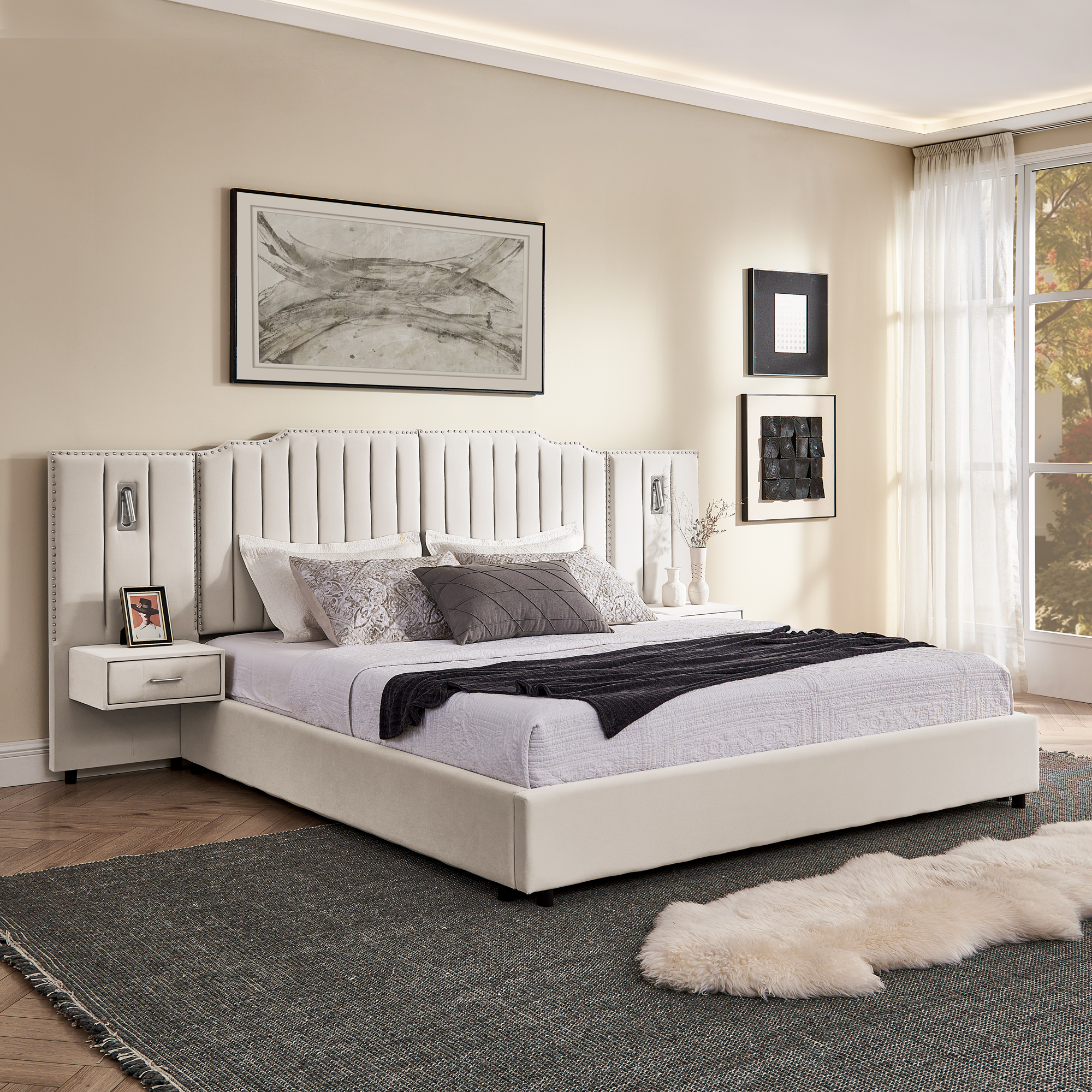 King Size Upholstered Bed Frame with Velvet Fabric, Vertical Stripe Design with Buttons Around King Size Platform Bed with Headboard, Solid Frame & Bedside Table - No Box Spring Needed-Beige - Image 2