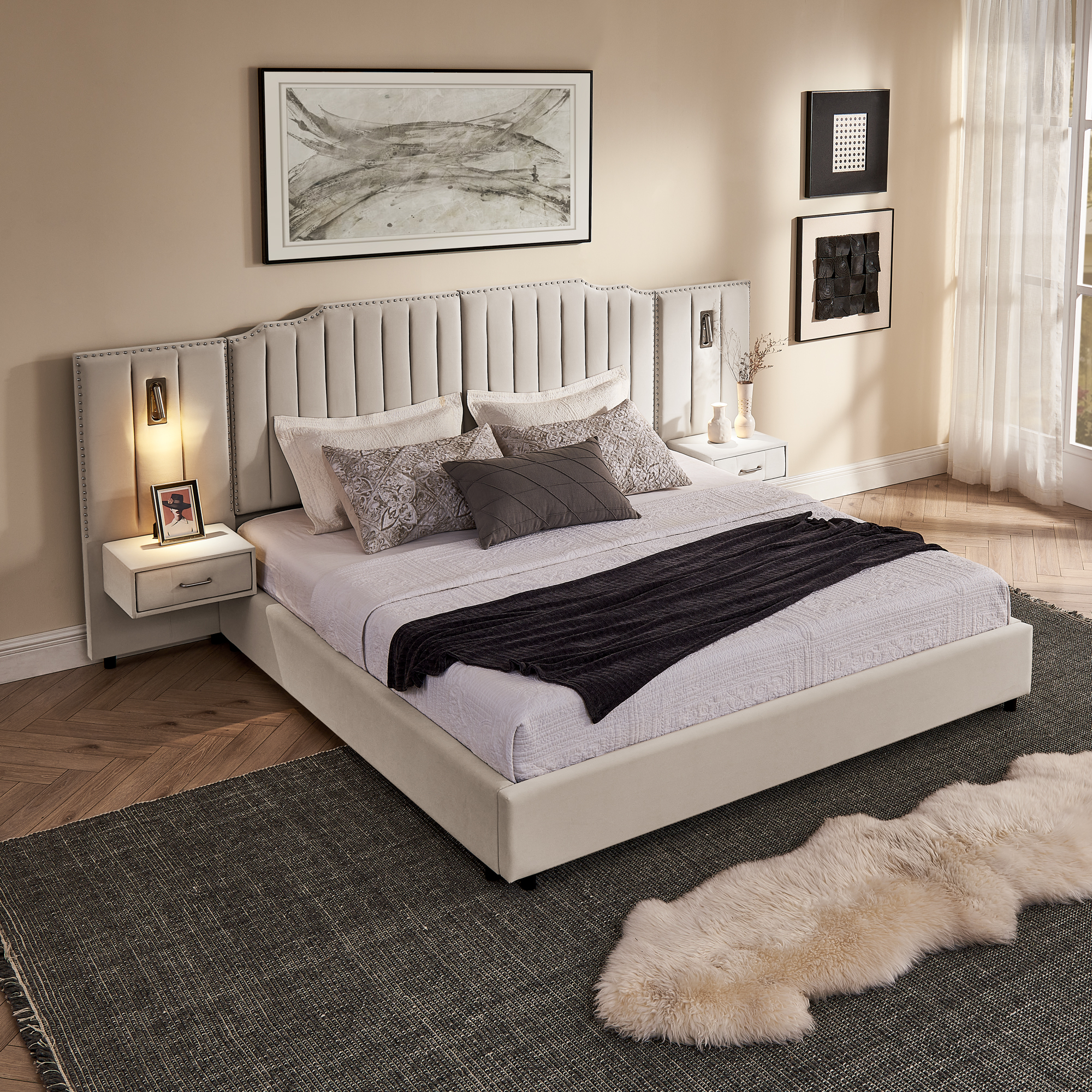 King Size Upholstered Bed Frame with Velvet Fabric, Vertical Stripe Design with Buttons Around King Size Platform Bed with Headboard, Solid Frame & Bedside Table - No Box Spring Needed-Beige - Image 3