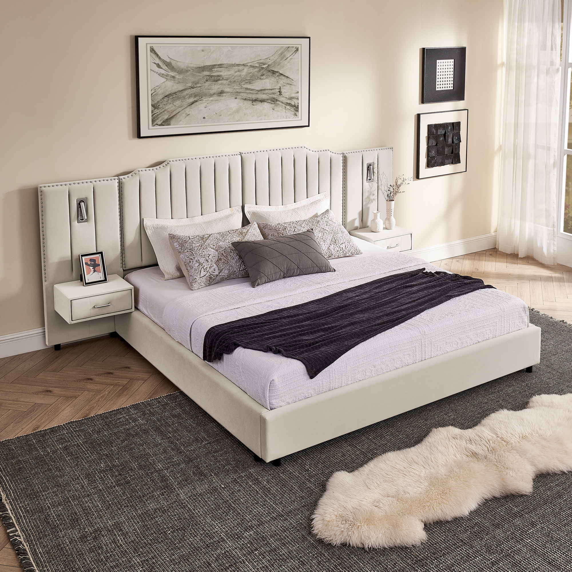 King Size Upholstered Bed Frame with Velvet Fabric, Vertical Stripe Design with Buttons Around King Size Platform Bed with Headboard, Solid Frame & Bedside Table - No Box Spring Needed-Beige - Image 4