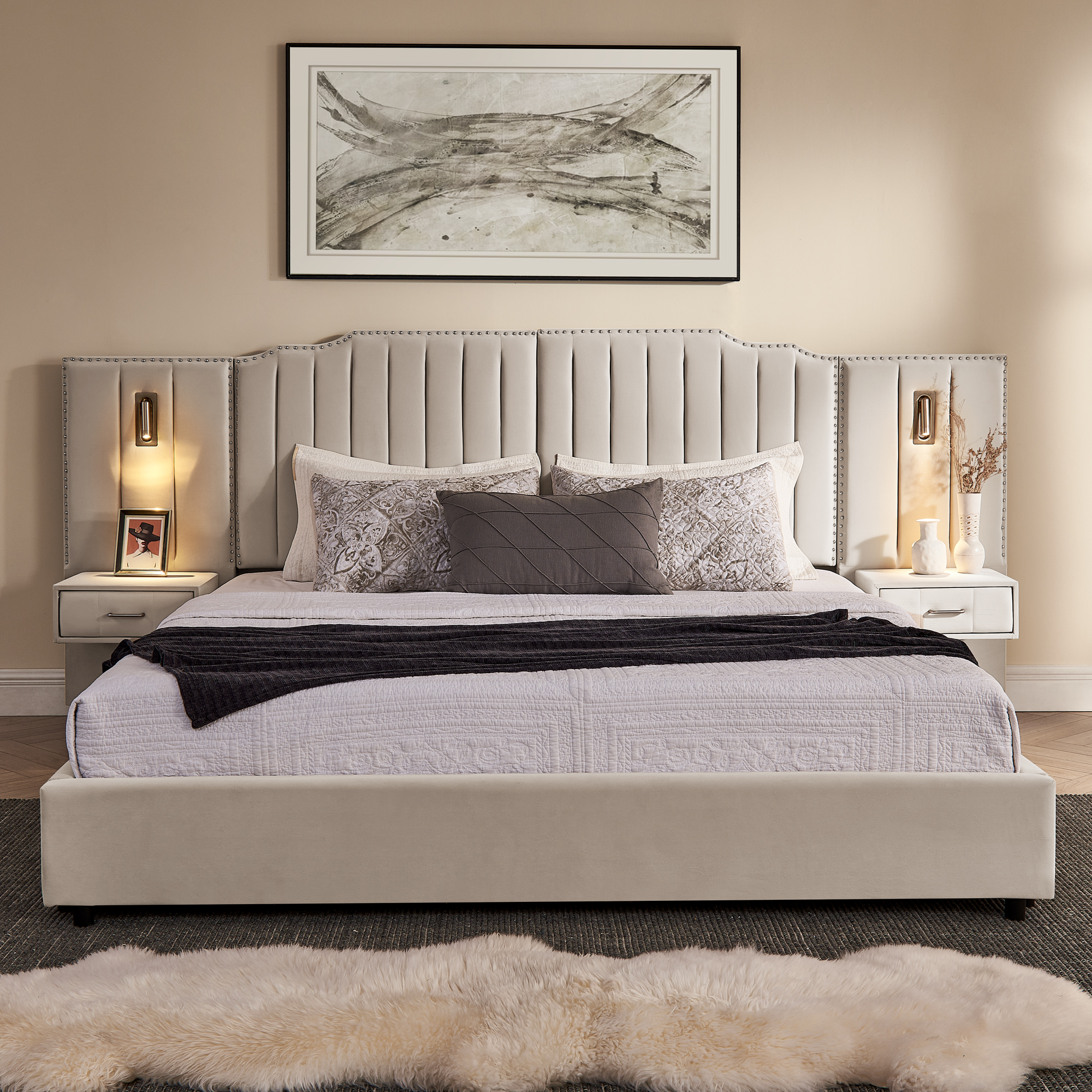 King Size Upholstered Bed Frame with Velvet Fabric, Vertical Stripe Design with Buttons Around King Size Platform Bed with Headboard, Solid Frame & Bedside Table - No Box Spring Needed-Beige - Image 5