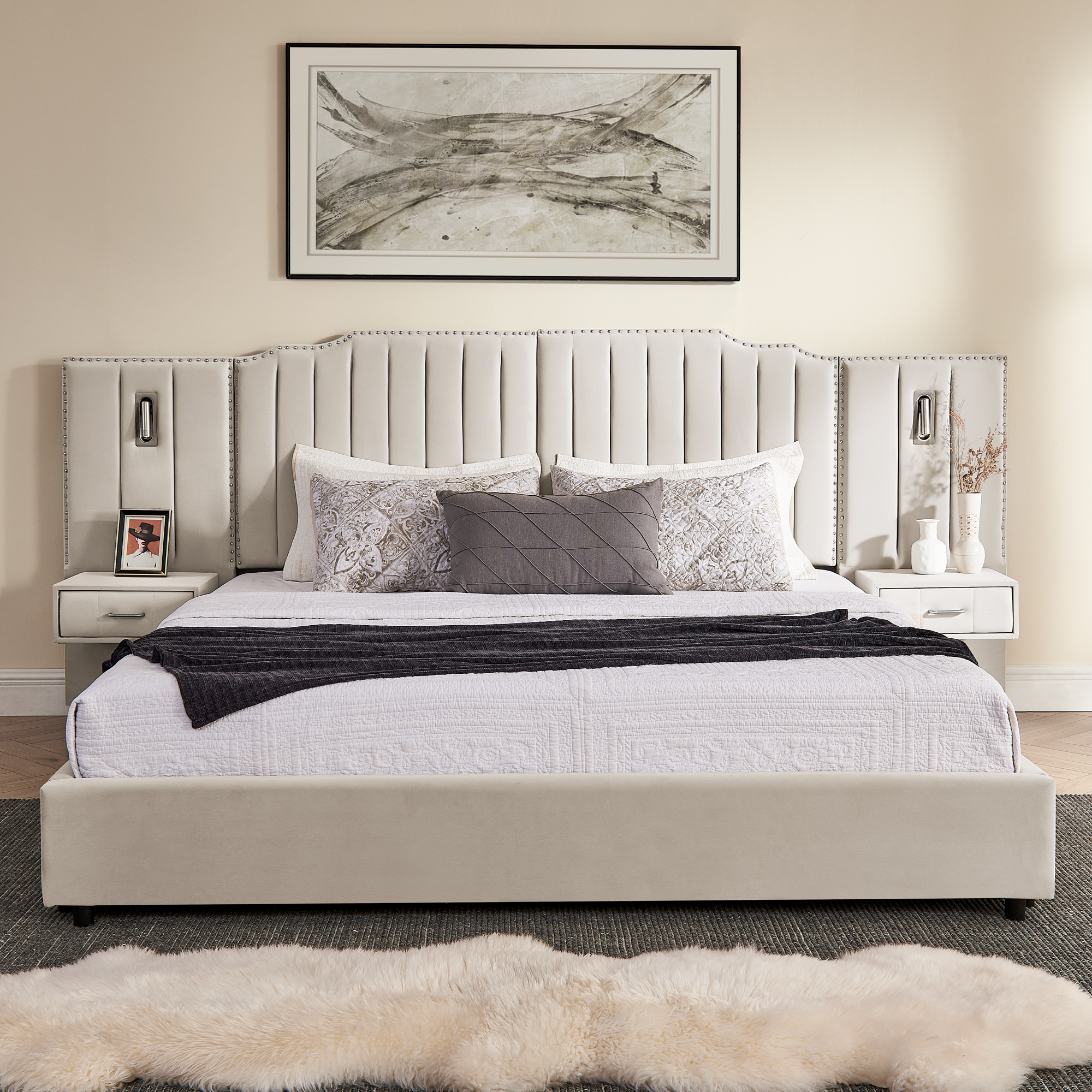 King Size Upholstered Bed Frame with Velvet Fabric, Vertical Stripe Design with Buttons Around King Size Platform Bed with Headboard, Solid Frame & Bedside Table - No Box Spring Needed-Beige - Image 6