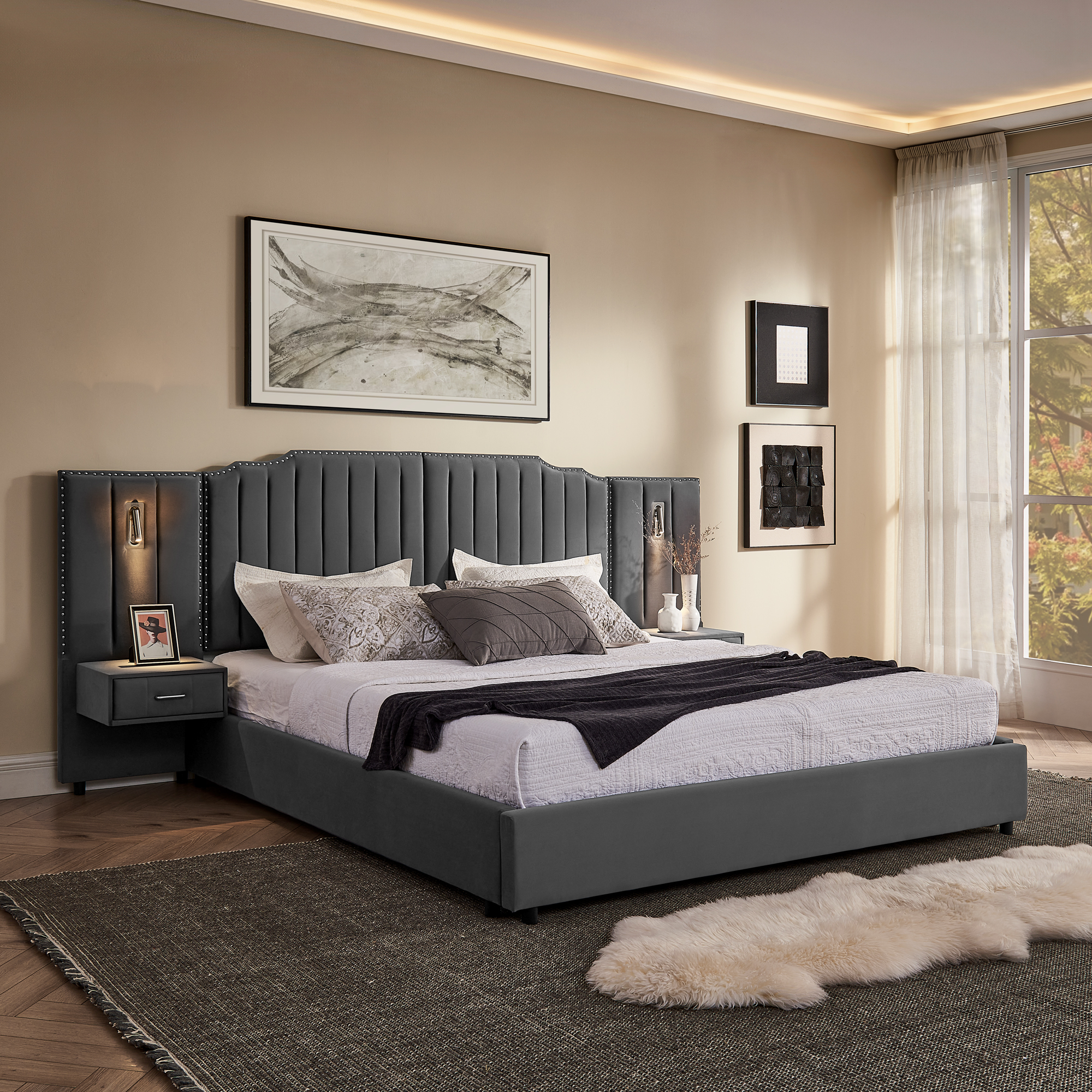 King Size Upholstered Bed Frame with Velvet Fabric, Vertical Stripe Design with Buttons Around King Size Platform Bed with Headboard, Solid Frame & Bedside Table - No Box Spring Needed-Gray - Image 1