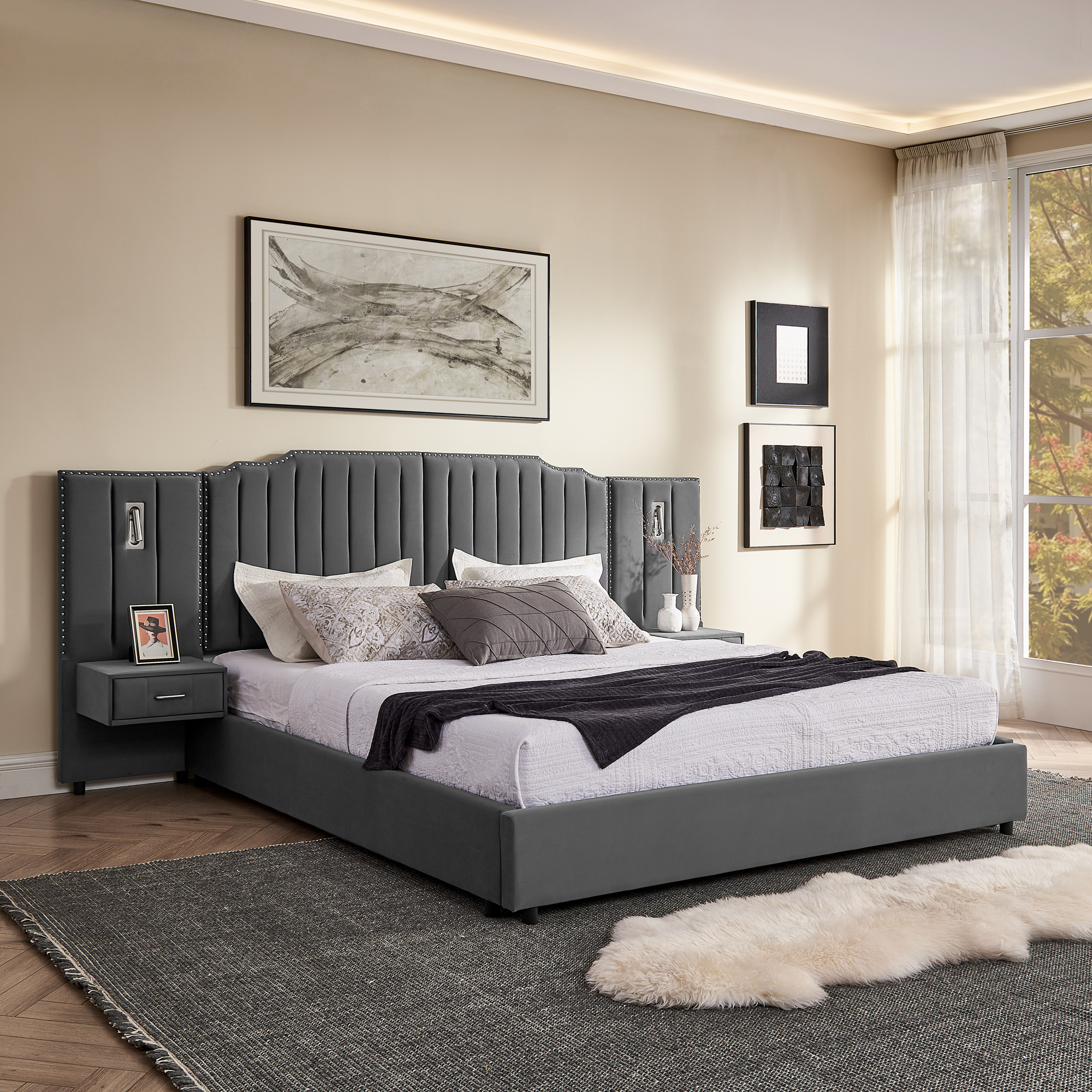 King Size Upholstered Bed Frame with Velvet Fabric, Vertical Stripe Design with Buttons Around King Size Platform Bed with Headboard, Solid Frame & Bedside Table - No Box Spring Needed-Gray - Image 2