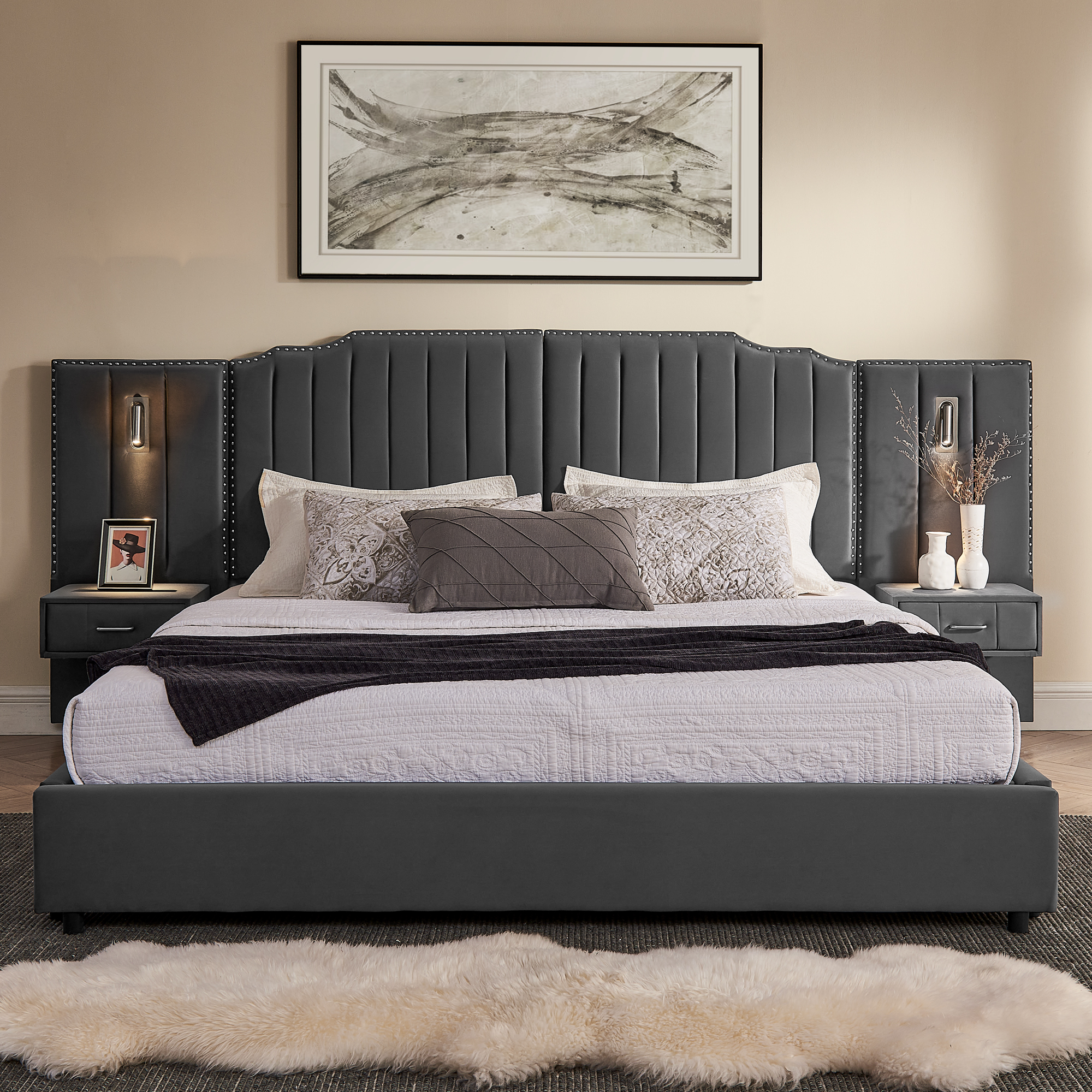 King Size Upholstered Bed Frame with Velvet Fabric, Vertical Stripe Design with Buttons Around King Size Platform Bed with Headboard, Solid Frame & Bedside Table - No Box Spring Needed-Gray - Image 3