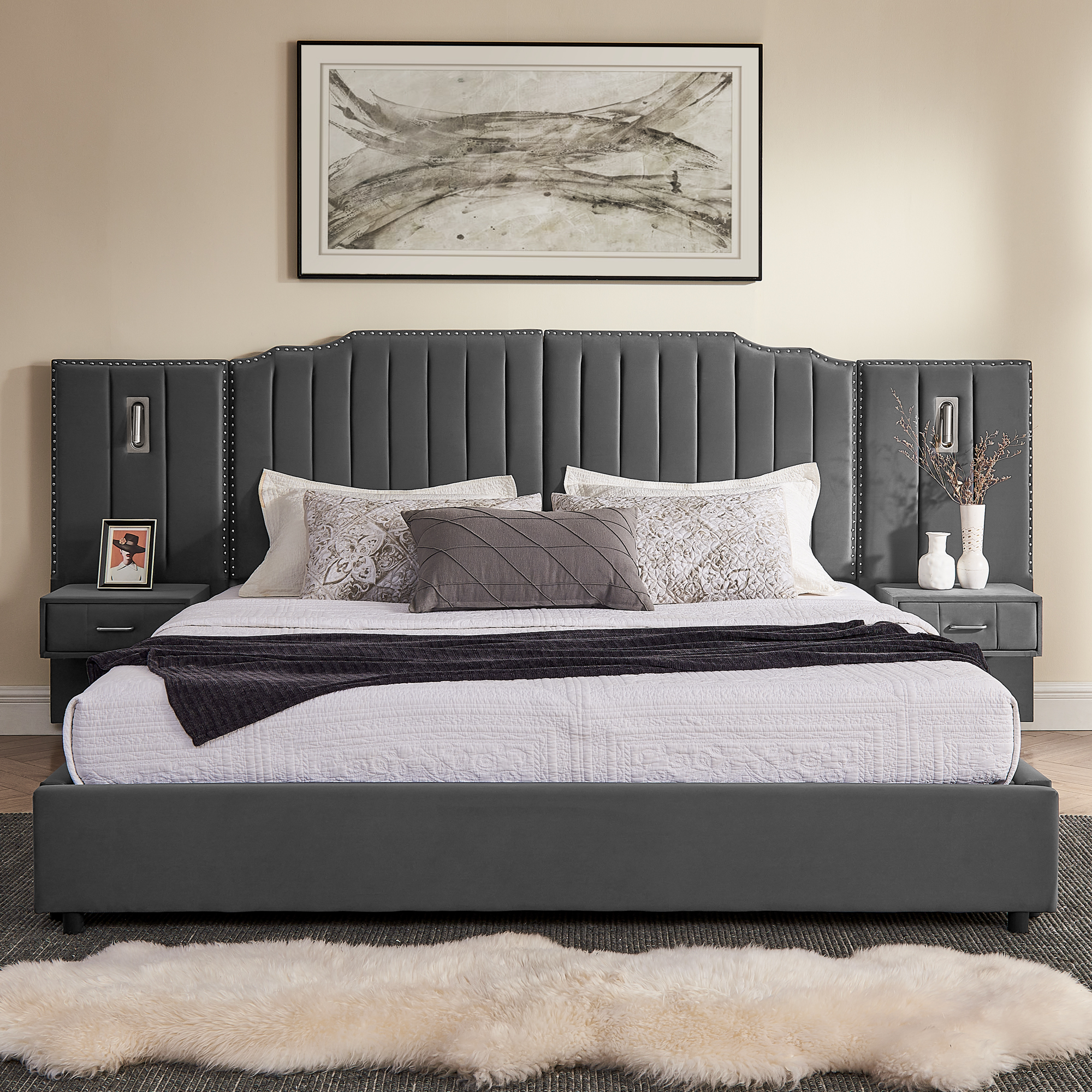 King Size Upholstered Bed Frame with Velvet Fabric, Vertical Stripe Design with Buttons Around King Size Platform Bed with Headboard, Solid Frame & Bedside Table - No Box Spring Needed-Gray - Image 4