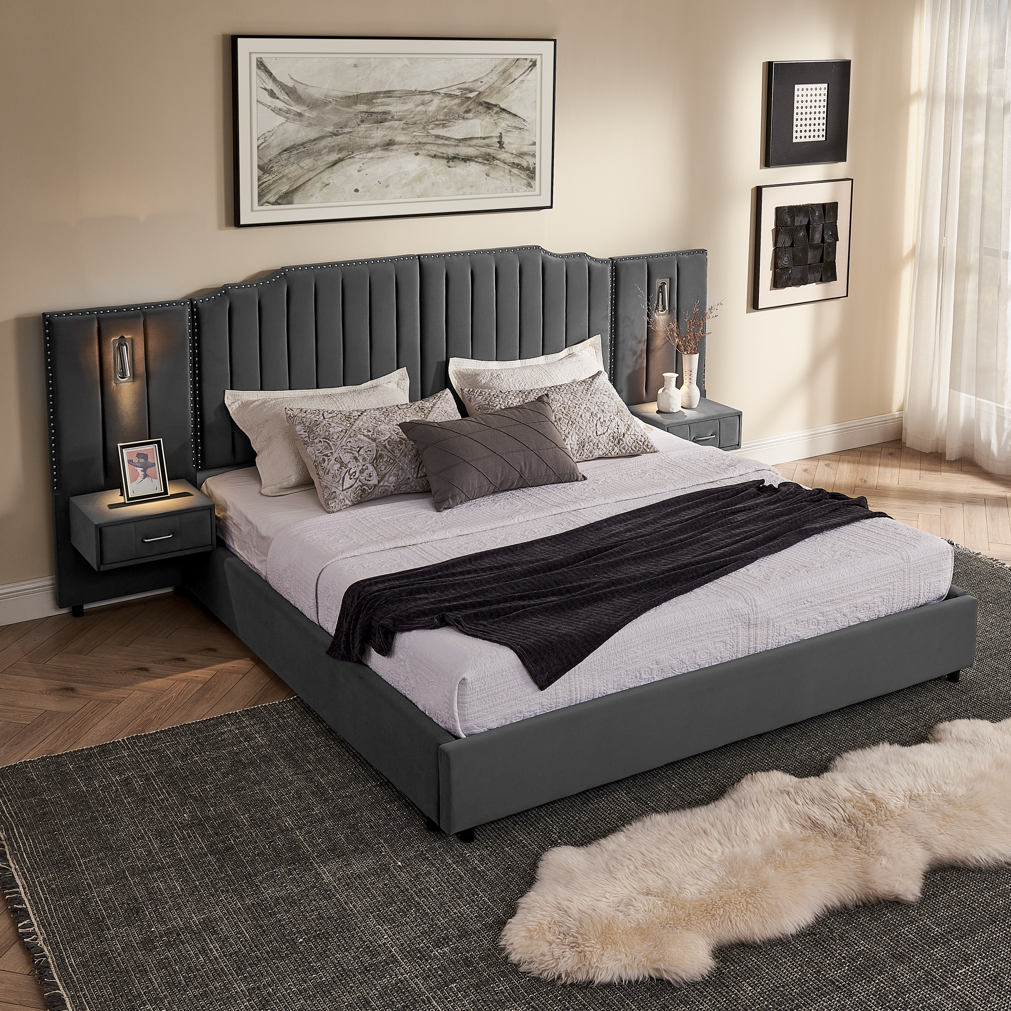 King Size Upholstered Bed Frame with Velvet Fabric, Vertical Stripe Design with Buttons Around King Size Platform Bed with Headboard, Solid Frame & Bedside Table - No Box Spring Needed-Gray - Image 5